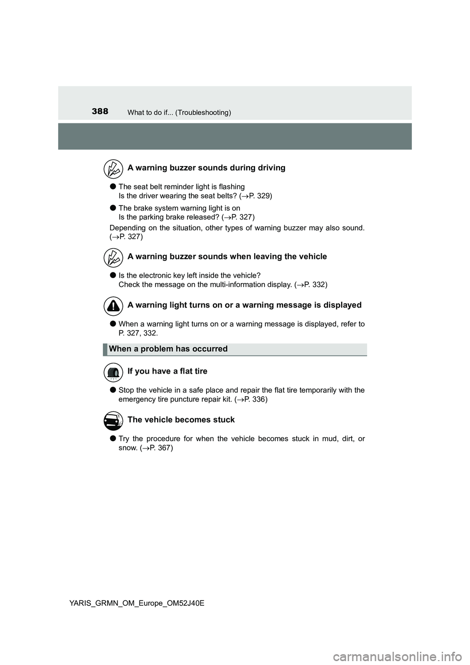 TOYOTA YARIS GRMN 2017 Owners Manual 388What to do if... (Troubleshooting)
YARIS_GRMN_OM_Europe_OM52J40E
●The seat belt reminder light is flashing
Is the driver wearing the seat belts? ( P. 329)
●The brake system warning light i TOYOTA YARIS GRMN 2017 Owners Manual 388What to do if... (Troubleshooting)
YARIS_GRMN_OM_Europe_OM52J40E
●The seat belt reminder light is flashing
Is the driver wearing the seat belts? ( P. 329)
●The brake system warning light i