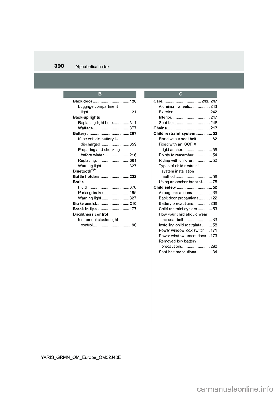 TOYOTA YARIS GRMN 2017 Owners Manual 390Alphabetical index
YARIS_GRMN_OM_Europe_OM52J40E
Back door ................................. 120
Luggage compartment
light ..................................... 121
Back-up lights
Replacing ligh TOYOTA YARIS GRMN 2017 Owners Manual 390Alphabetical index
YARIS_GRMN_OM_Europe_OM52J40E
Back door ................................. 120
Luggage compartment
light ..................................... 121
Back-up lights
Replacing ligh