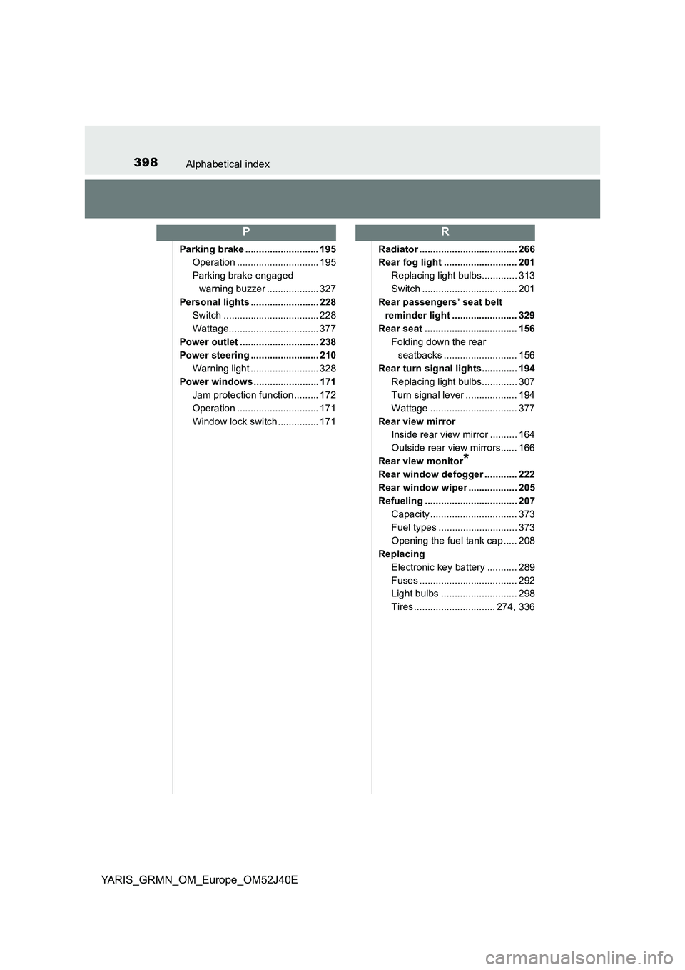 TOYOTA YARIS GRMN 2017 Owners Manual 398Alphabetical index
YARIS_GRMN_OM_Europe_OM52J40E
Parking brake ........................... 195
Operation .............................. 195
Parking brake engaged
warning buzzer ................. TOYOTA YARIS GRMN 2017 Owners Manual 398Alphabetical index
YARIS_GRMN_OM_Europe_OM52J40E
Parking brake ........................... 195
Operation .............................. 195
Parking brake engaged
warning buzzer .................