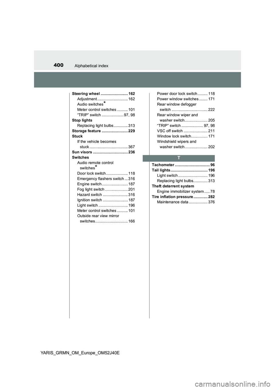 TOYOTA YARIS GRMN 2017 Owners Manual 400Alphabetical index
YARIS_GRMN_OM_Europe_OM52J40E
Steering wheel ......................... 162
Adjustment ............................ 162
Audio switches*
Meter control switches .......... 101
“ TOYOTA YARIS GRMN 2017 Owners Manual 400Alphabetical index
YARIS_GRMN_OM_Europe_OM52J40E
Steering wheel ......................... 162
Adjustment ............................ 162
Audio switches*
Meter control switches .......... 101
“