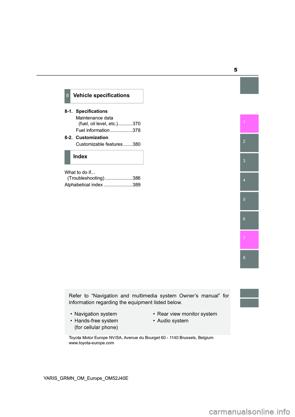 TOYOTA YARIS GRMN 2017  Owners Manual 5
1 
7 
6
5
4
3
2
8
YARIS_GRMN_OM_Europe_OM52J40E 
8-1. Specifications 
Maintenance data  
(fuel, oil level, etc.)...........370 
Fuel information .................378 
8-2. Customization 
Customizabl