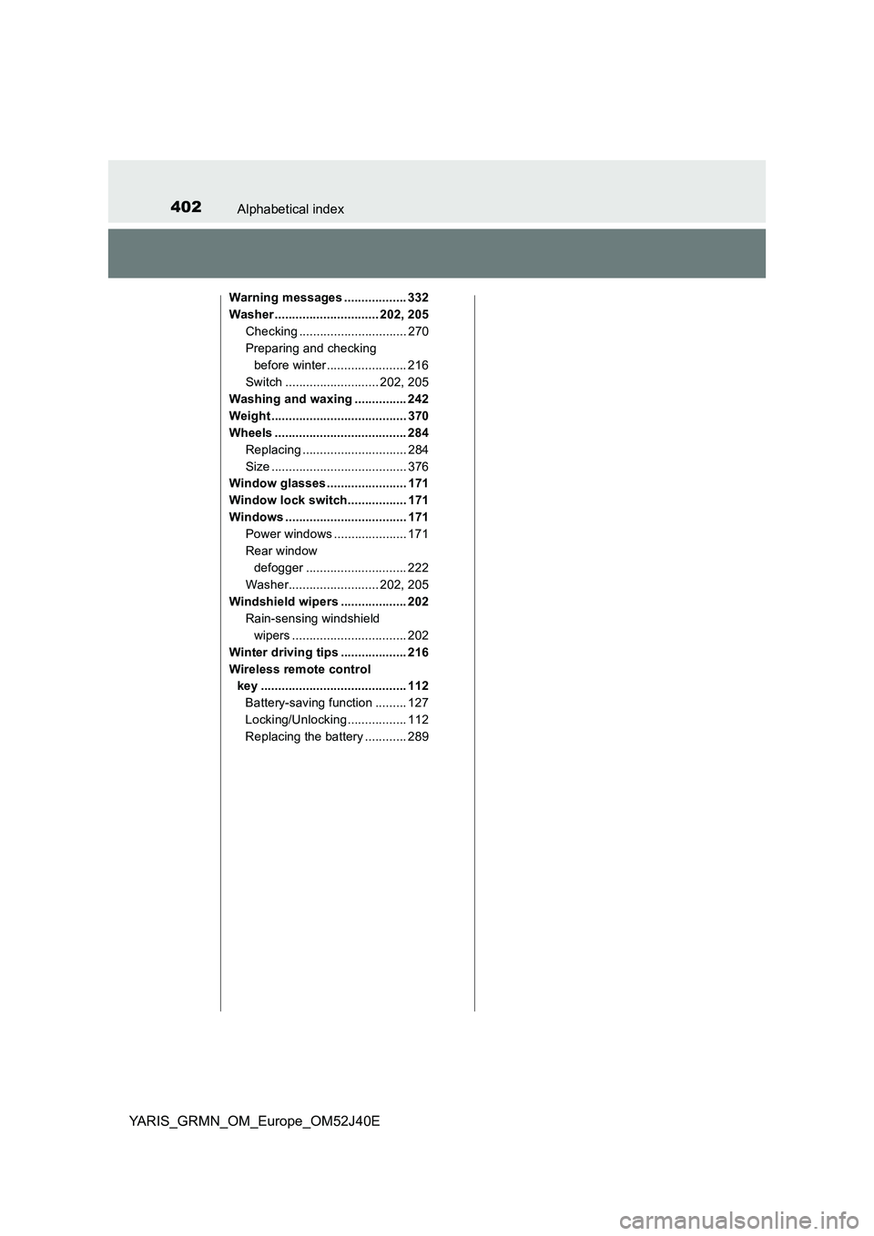 TOYOTA YARIS GRMN 2017  Owners Manual 402Alphabetical index
YARIS_GRMN_OM_Europe_OM52J40E
Warning messages .................. 332 
Washer .............................. 202, 205
Checking ............................... 270
Preparing and c