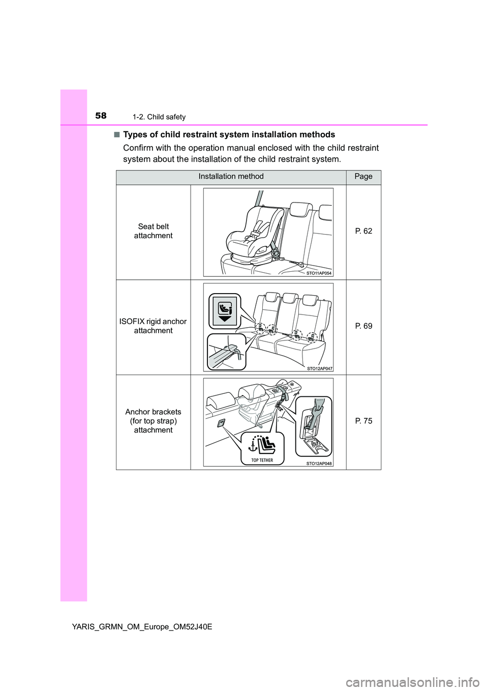 TOYOTA YARIS GRMN 2017 Workshop Manual 581-2. Child safety
YARIS_GRMN_OM_Europe_OM52J40E
■Types of child restraint system installation methods
Confirm with the operation manual enclosed with the child restraint
system about the instal TOYOTA YARIS GRMN 2017 Workshop Manual 581-2. Child safety
YARIS_GRMN_OM_Europe_OM52J40E
■Types of child restraint system installation methods
Confirm with the operation manual enclosed with the child restraint
system about the instal