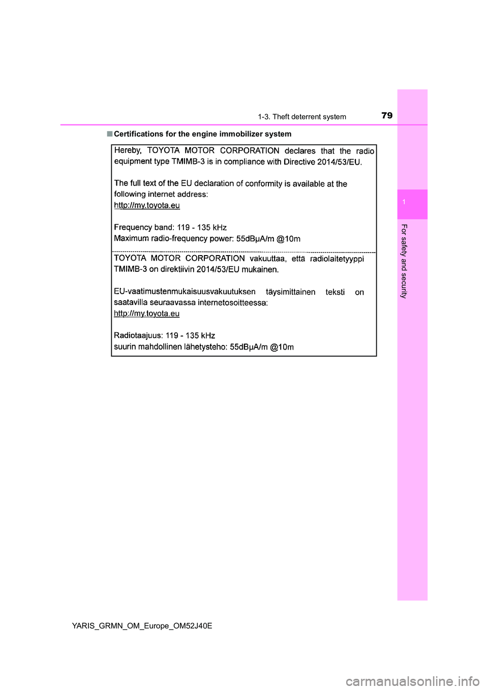 TOYOTA YARIS GRMN 2017 Manual PDF 791-3. Theft deterrent system
1
For safety and security
YARIS_GRMN_OM_Europe_OM52J40E 
■ Certifications for the engine immobilizer system 
