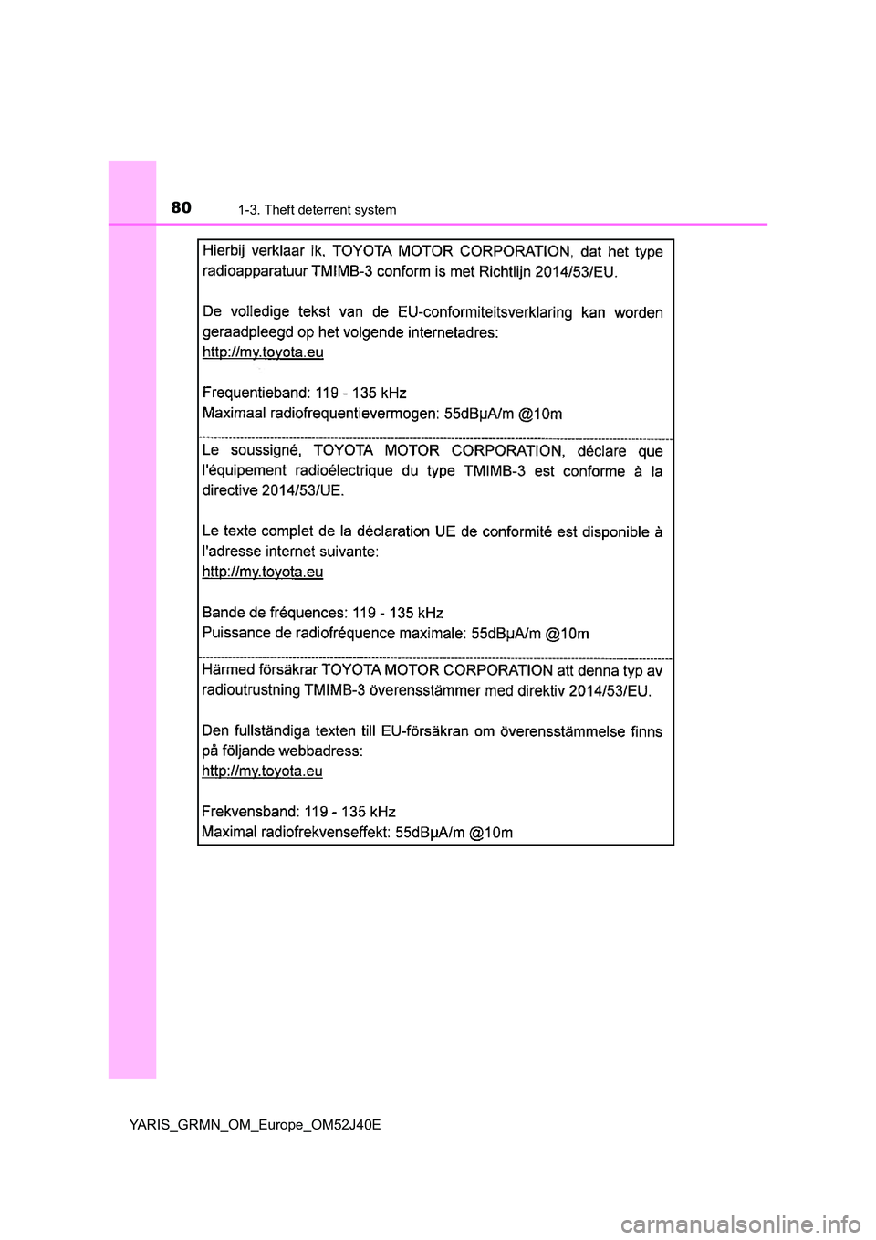 TOYOTA YARIS GRMN 2017 Manual PDF 801-3. Theft deterrent system
YARIS_GRMN_OM_Europe_OM52J40E 
