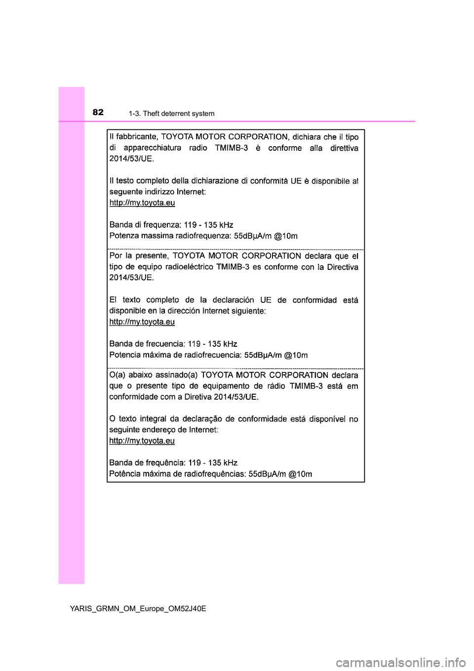 TOYOTA YARIS GRMN 2017 Manual Online 821-3. Theft deterrent system
YARIS_GRMN_OM_Europe_OM52J40E TOYOTA YARIS GRMN 2017 Manual Online 821-3. Theft deterrent system
YARIS_GRMN_OM_Europe_OM52J40E