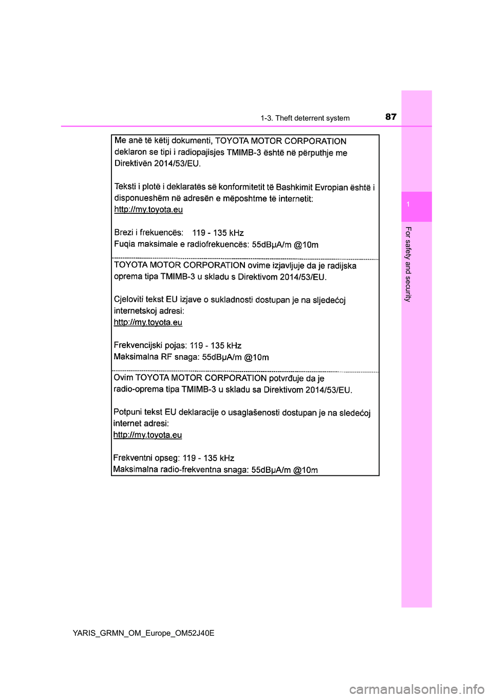 TOYOTA YARIS GRMN 2017 Manual Online 871-3. Theft deterrent system
1
For safety and security
YARIS_GRMN_OM_Europe_OM52J40E TOYOTA YARIS GRMN 2017 Manual Online 871-3. Theft deterrent system
1
For safety and security
YARIS_GRMN_OM_Europe_OM52J40E