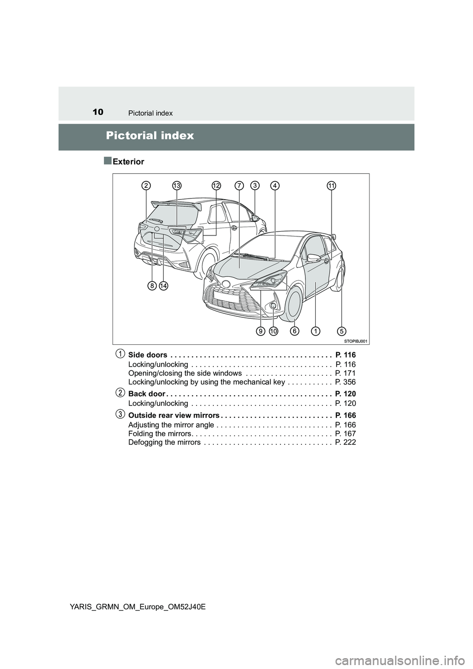 TOYOTA YARIS GRMN 2017  Owners Manual 10Pictorial index
YARIS_GRMN_OM_Europe_OM52J40E
Pictorial index 
■Exterior
Side doors  . . . . . . . . . . . . . . . . . . . . . . . . . . . . . . . . . . . . . . .  P. 116 
Locking/unlocking  . . .