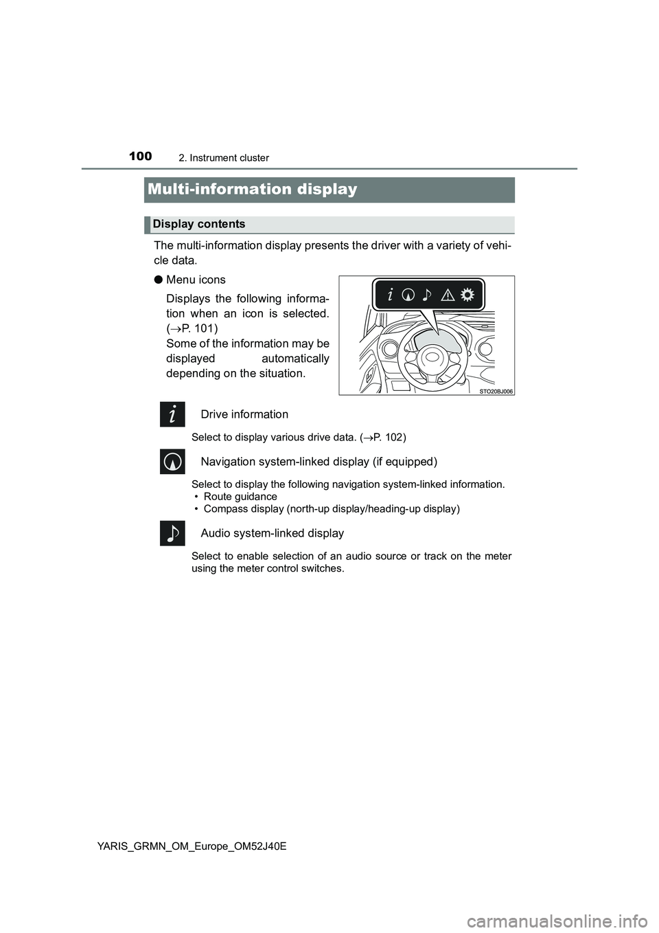 TOYOTA YARIS GRMN 2017  Owners Manual 1002. Instrument cluster
YARIS_GRMN_OM_Europe_OM52J40E
Multi-information display
The multi-information display presents the driver with a variety of vehi- 
cle data. 
● Menu icons 
Displays the foll