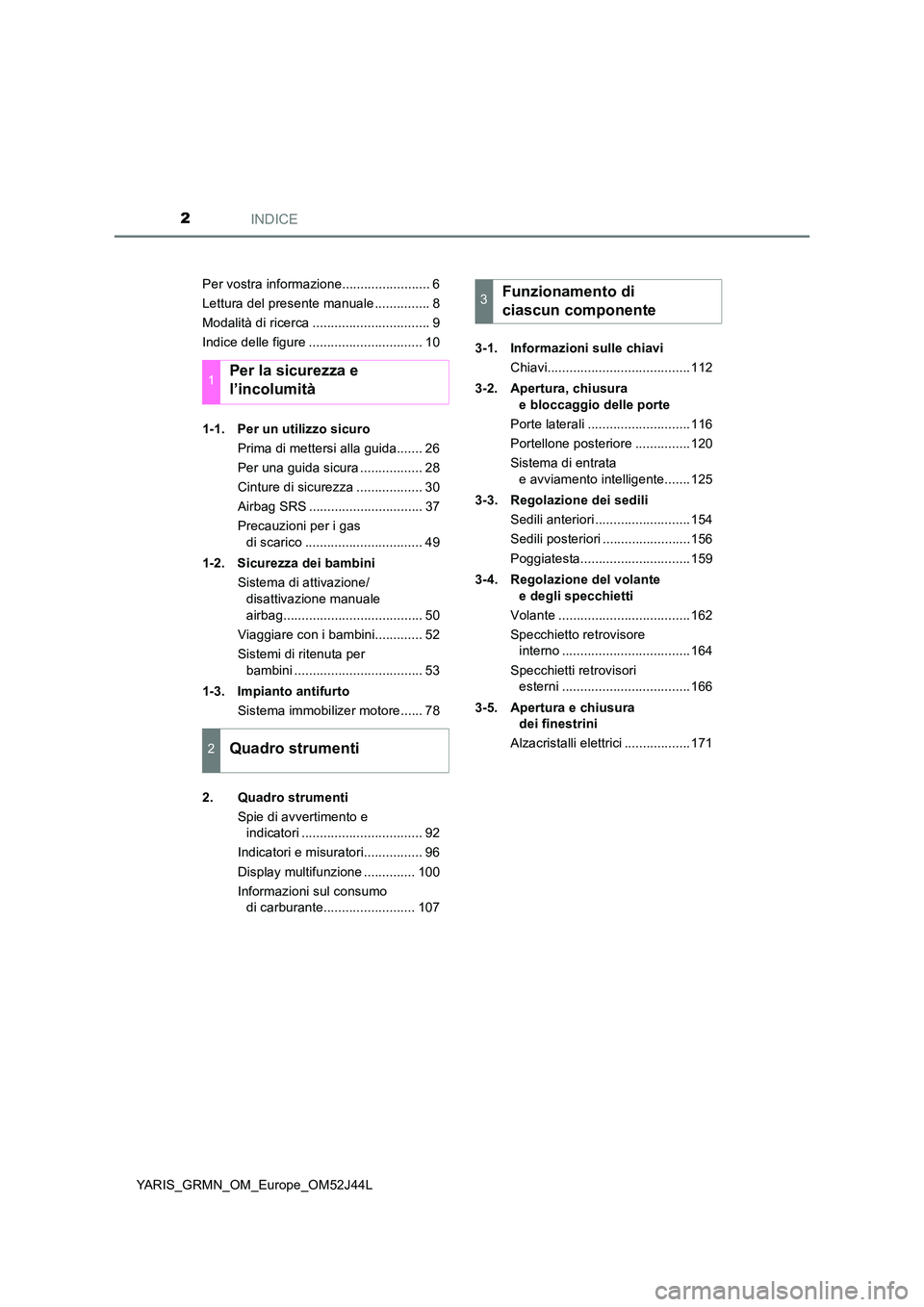 TOYOTA YARIS GRMN 2017  Manuale duso (in Italian) INDICE2
YARIS_GRMN_OM_Europe_OM52J44L 
Per vostra informazione........................ 6 
Lettura del presente manuale ............... 8
Modalità di ricerca ................................ 9
Indice 