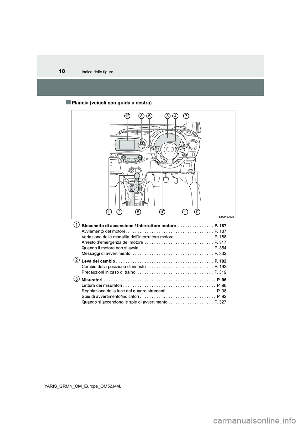 TOYOTA YARIS GRMN 2017 Manuale duso (in Italian) 18Indice delle figure
YARIS_GRMN_OM_Europe_OM52J44L
■Plancia (veicoli con guida a destra)
Blocchetto di accensione / Interruttore motore . . . . . . . . . . . . . . . P. 187
Avviamento del motore TOYOTA YARIS GRMN 2017 Manuale duso (in Italian) 18Indice delle figure
YARIS_GRMN_OM_Europe_OM52J44L
■Plancia (veicoli con guida a destra)
Blocchetto di accensione / Interruttore motore . . . . . . . . . . . . . . . P. 187
Avviamento del motore