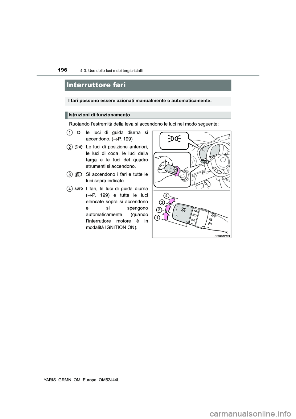 TOYOTA YARIS GRMN 2017 Manuale duso (in Italian) 1964-3. Uso delle luci e dei tergicristalli
YARIS_GRMN_OM_Europe_OM52J44L
Interruttore fari
Ruotando l’estremità della leva si accendono le luci nel modo seguente:
le luci di guida diurna si
acce TOYOTA YARIS GRMN 2017 Manuale duso (in Italian) 1964-3. Uso delle luci e dei tergicristalli
YARIS_GRMN_OM_Europe_OM52J44L
Interruttore fari
Ruotando l’estremità della leva si accendono le luci nel modo seguente:
le luci di guida diurna si
acce
