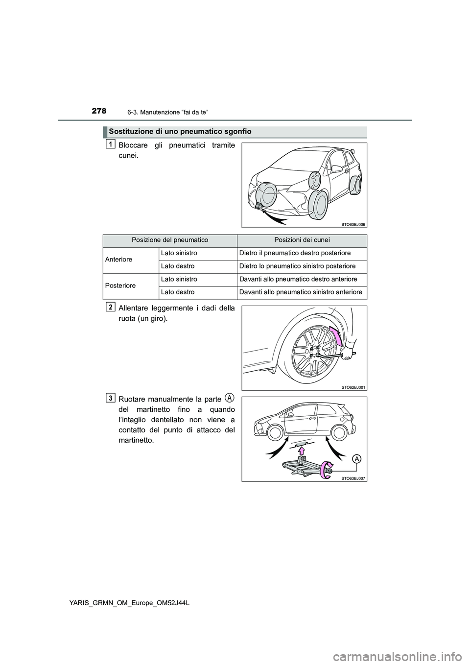 TOYOTA YARIS GRMN 2017  Manuale duso (in Italian) 2786-3. Manutenzione “fai da te”
YARIS_GRMN_OM_Europe_OM52J44L
Bloccare gli pneumatici tramite 
cunei. 
Allentare leggermente i dadi della 
ruota (un giro). 
Ruotare manualmente la parte  
del mar
