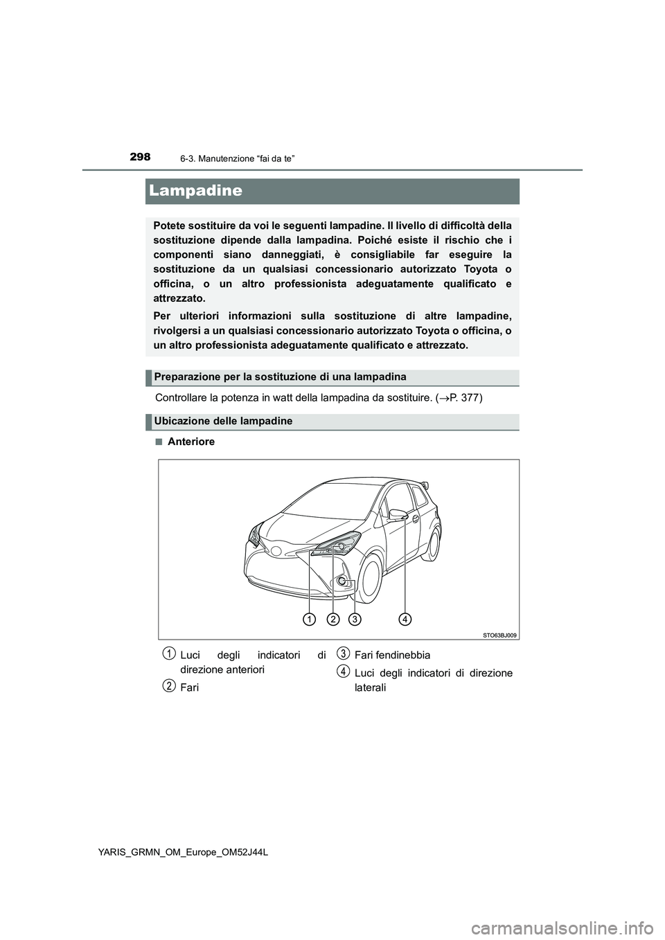 TOYOTA YARIS GRMN 2017  Manuale duso (in Italian) 2986-3. Manutenzione “fai da te”
YARIS_GRMN_OM_Europe_OM52J44L
Lampadine
Controllare la potenza in watt della lampadina da sostituire. (P. 377)
■Anteriore
Potete sostituire da voi le seguenti