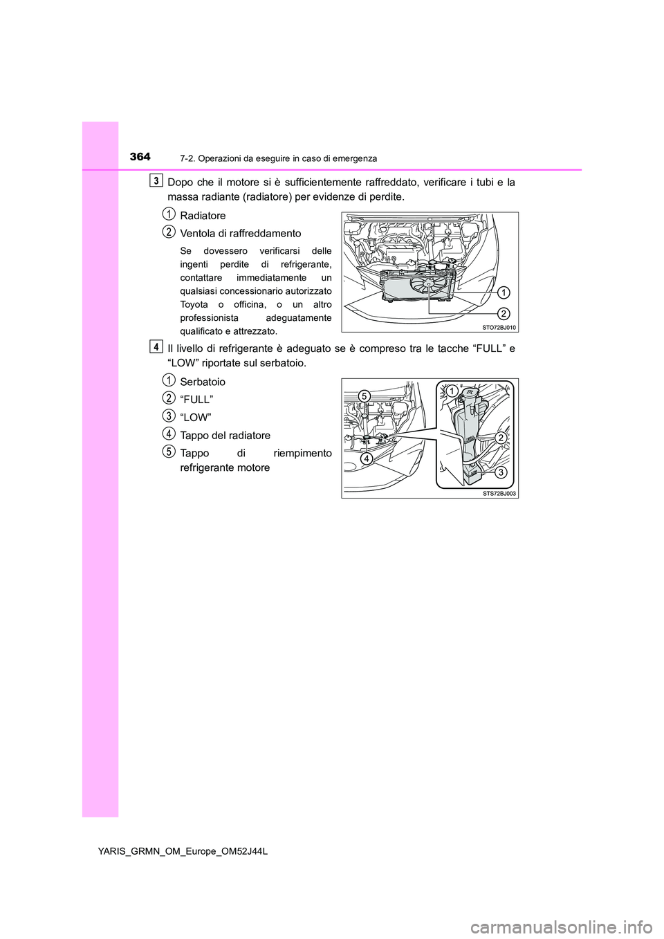 TOYOTA YARIS GRMN 2017 Manuale duso (in Italian) 3647-2. Operazioni da eseguire in caso di emergenza
YARIS_GRMN_OM_Europe_OM52J44L
Dopo che il motore si è sufficientemente raffreddato, verificare i tubi e la
massa radiante (radiatore) per evidenze TOYOTA YARIS GRMN 2017 Manuale duso (in Italian) 3647-2. Operazioni da eseguire in caso di emergenza
YARIS_GRMN_OM_Europe_OM52J44L
Dopo che il motore si è sufficientemente raffreddato, verificare i tubi e la
massa radiante (radiatore) per evidenze
