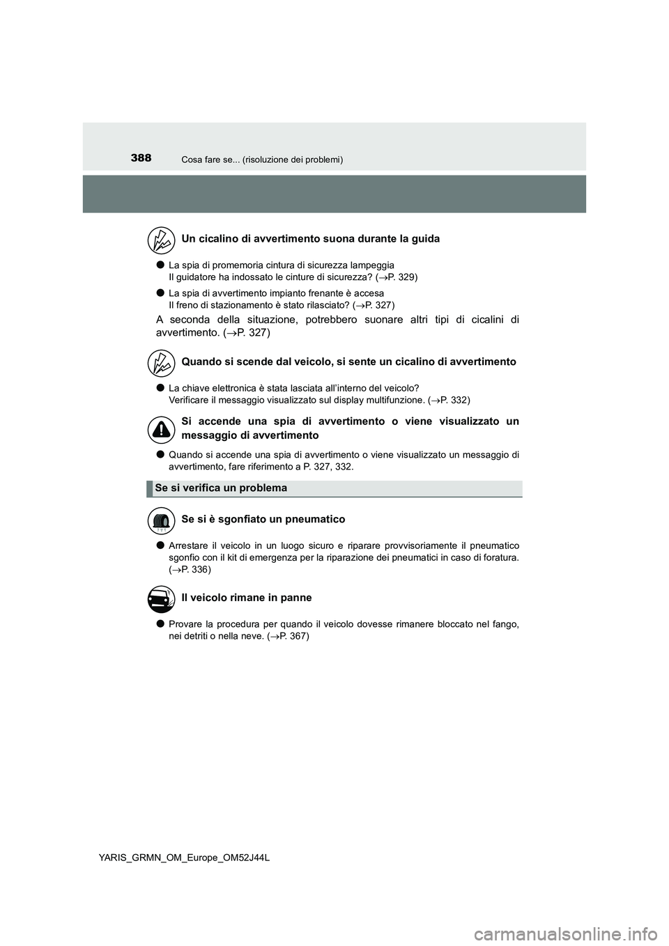 TOYOTA YARIS GRMN 2017 Manuale duso (in Italian) 388Cosa fare se... (risoluzione dei problemi)
YARIS_GRMN_OM_Europe_OM52J44L
●La spia di promemoria cintura di sicurezza lampeggia
Il guidatore ha indossato le cinture di sicurezza? ( P. 329)
● TOYOTA YARIS GRMN 2017 Manuale duso (in Italian) 388Cosa fare se... (risoluzione dei problemi)
YARIS_GRMN_OM_Europe_OM52J44L
●La spia di promemoria cintura di sicurezza lampeggia
Il guidatore ha indossato le cinture di sicurezza? ( P. 329)
●