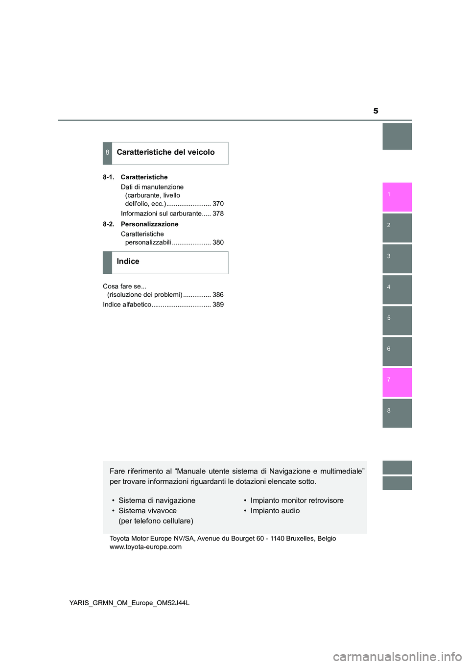 TOYOTA YARIS GRMN 2017  Manuale duso (in Italian) 5
1 
7 
6
5
4
3
2
8
YARIS_GRMN_OM_Europe_OM52J44L 
8-1. Caratteristiche 
Dati di manutenzione  
(carburante, livello  
dell’olio, ecc.) ........................ 370 
Informazioni sul carburante.....