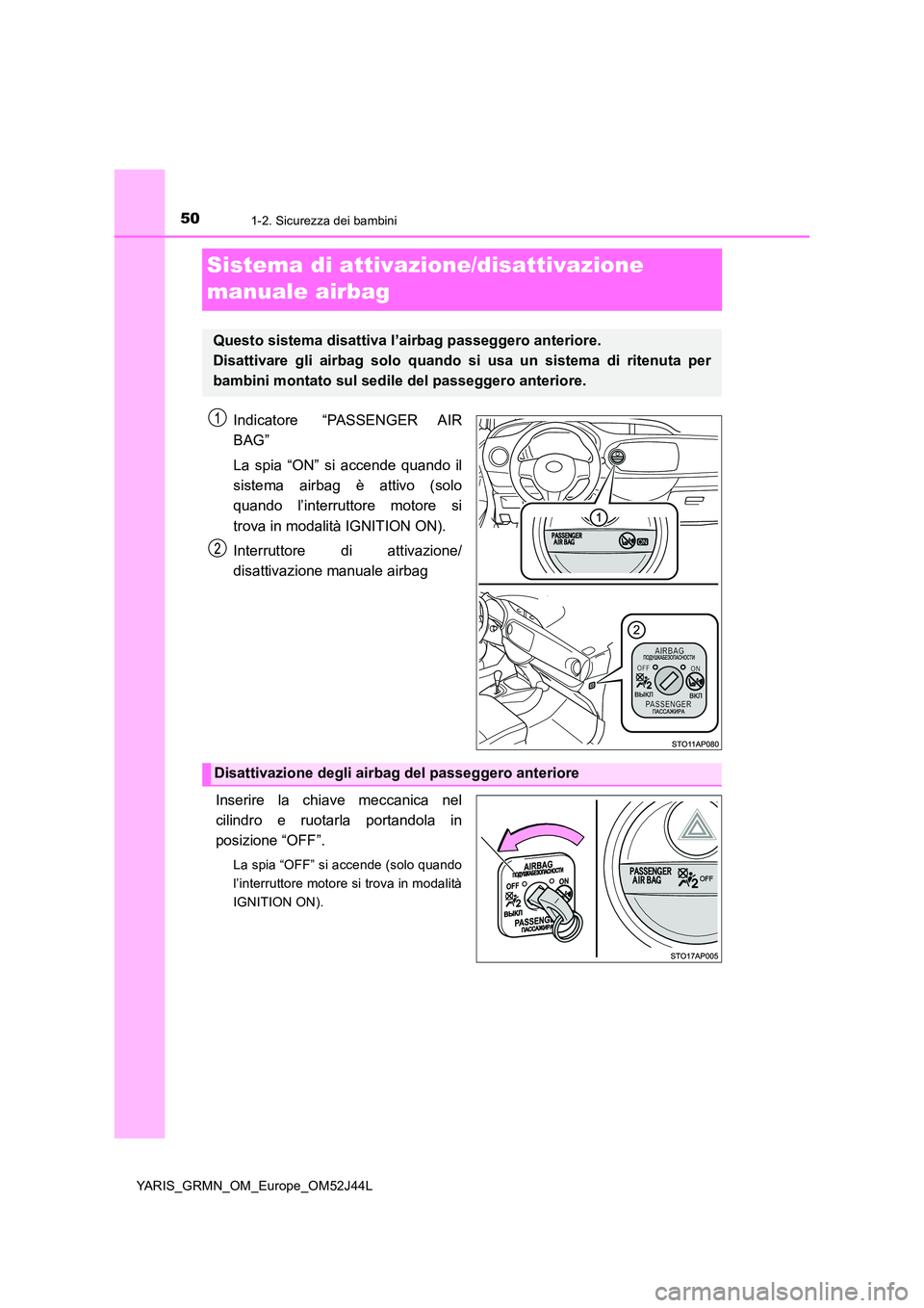 TOYOTA YARIS GRMN 2017 Manuale duso (in Italian) 501-2. Sicurezza dei bambini
YARIS_GRMN_OM_Europe_OM52J44L
Sistema di attivazione/disattivazione
manuale airbag
Indicatore “PASSENGER AIR
BAG”
La spia “ON” si accende quando il
sistema ai TOYOTA YARIS GRMN 2017 Manuale duso (in Italian) 501-2. Sicurezza dei bambini
YARIS_GRMN_OM_Europe_OM52J44L
Sistema di attivazione/disattivazione
manuale airbag
Indicatore “PASSENGER AIR
BAG”
La spia “ON” si accende quando il
sistema ai