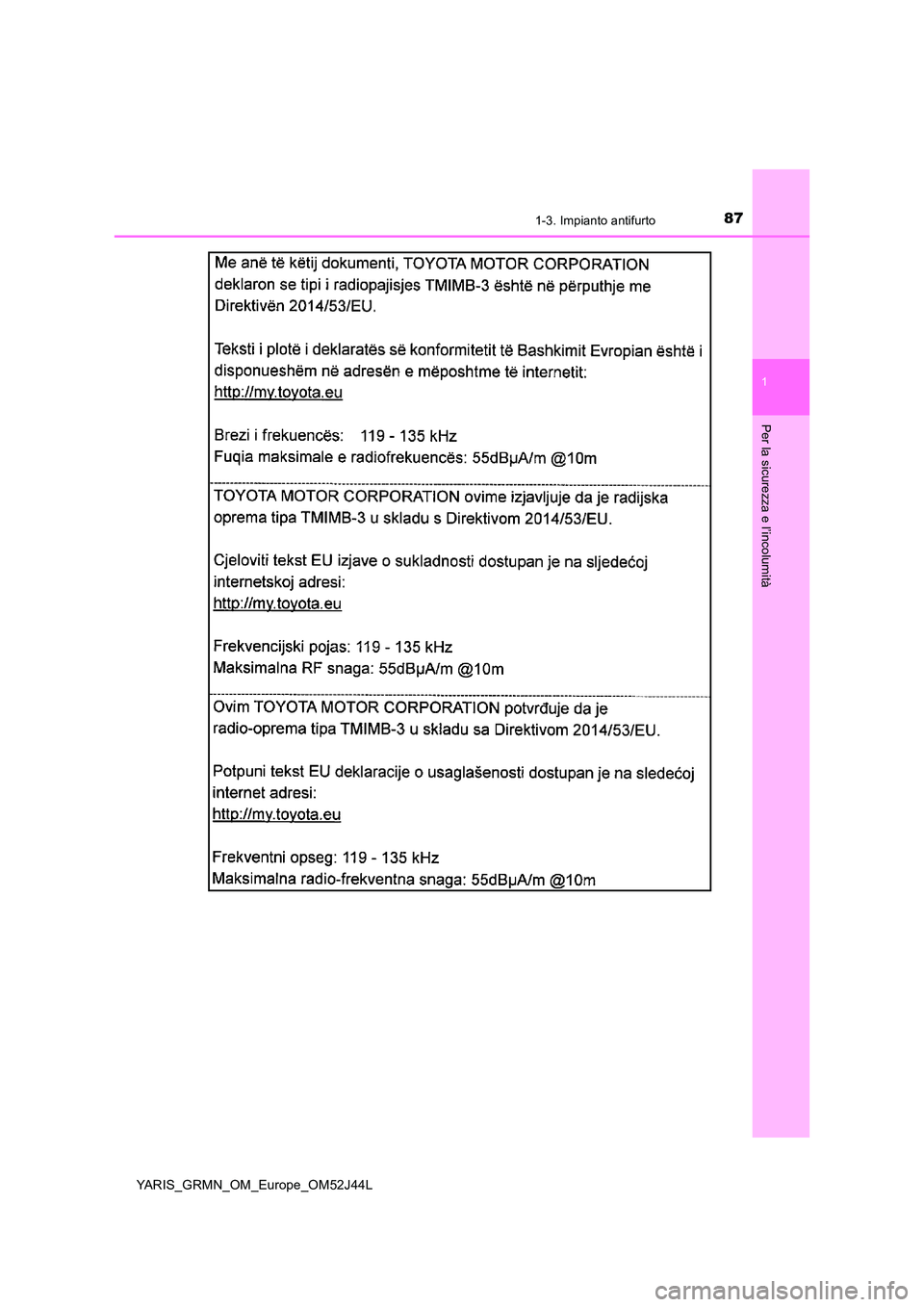 TOYOTA YARIS GRMN 2017  Manuale duso (in Italian) 871-3. Impianto antifurto
1
Per la sicurezza e l’incolumità
YARIS_GRMN_OM_Europe_OM52J44L 