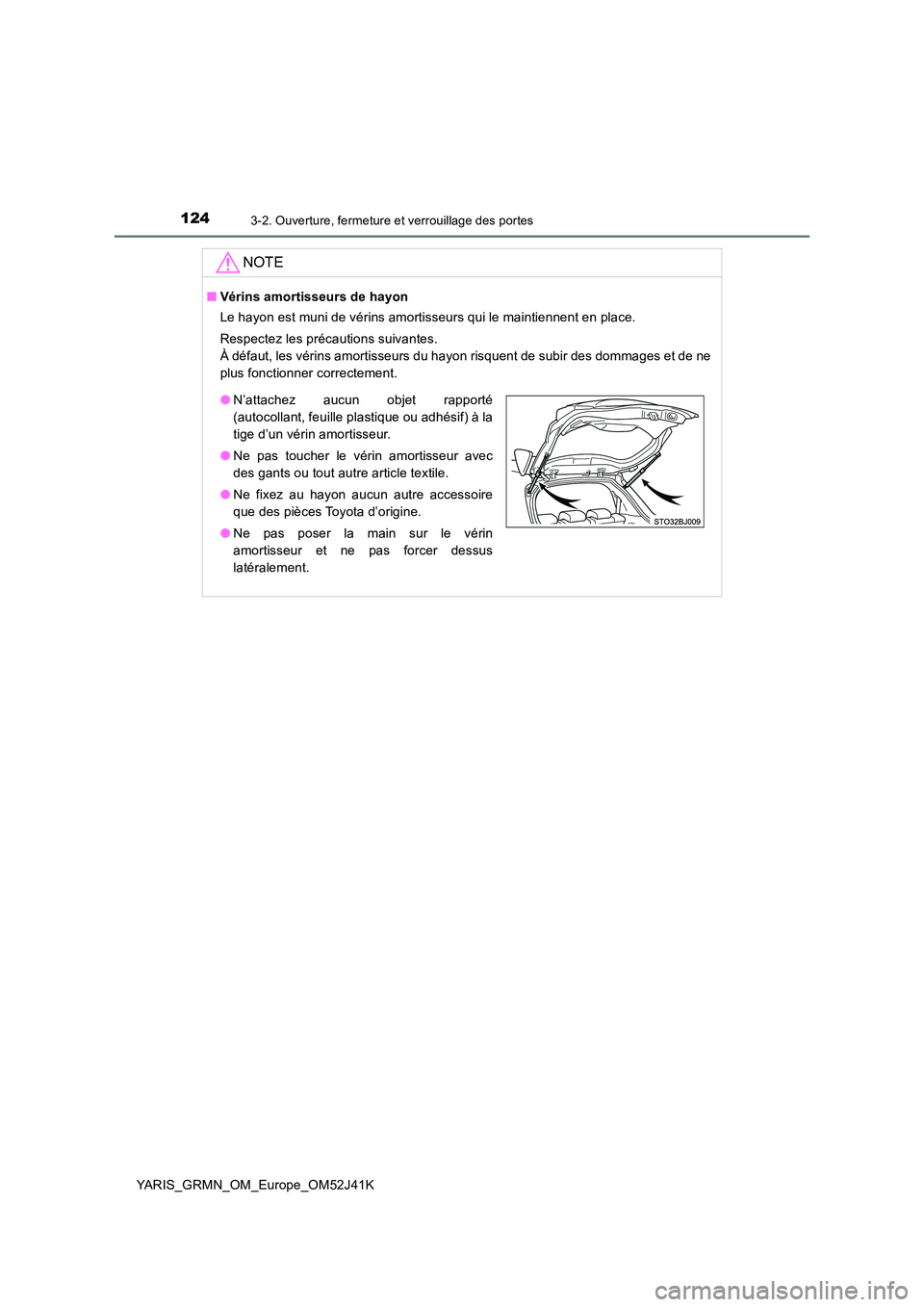 TOYOTA YARIS GRMN 2017  Notices Demploi (in French) 1243-2. Ouverture, fermeture et verrouillage des portes
YARIS_GRMN_OM_Europe_OM52J41K
NOTE
■Vérins amortisseurs de hayon 
Le hayon est muni de vérins amortisseurs qui le maintiennent en place. 
Re