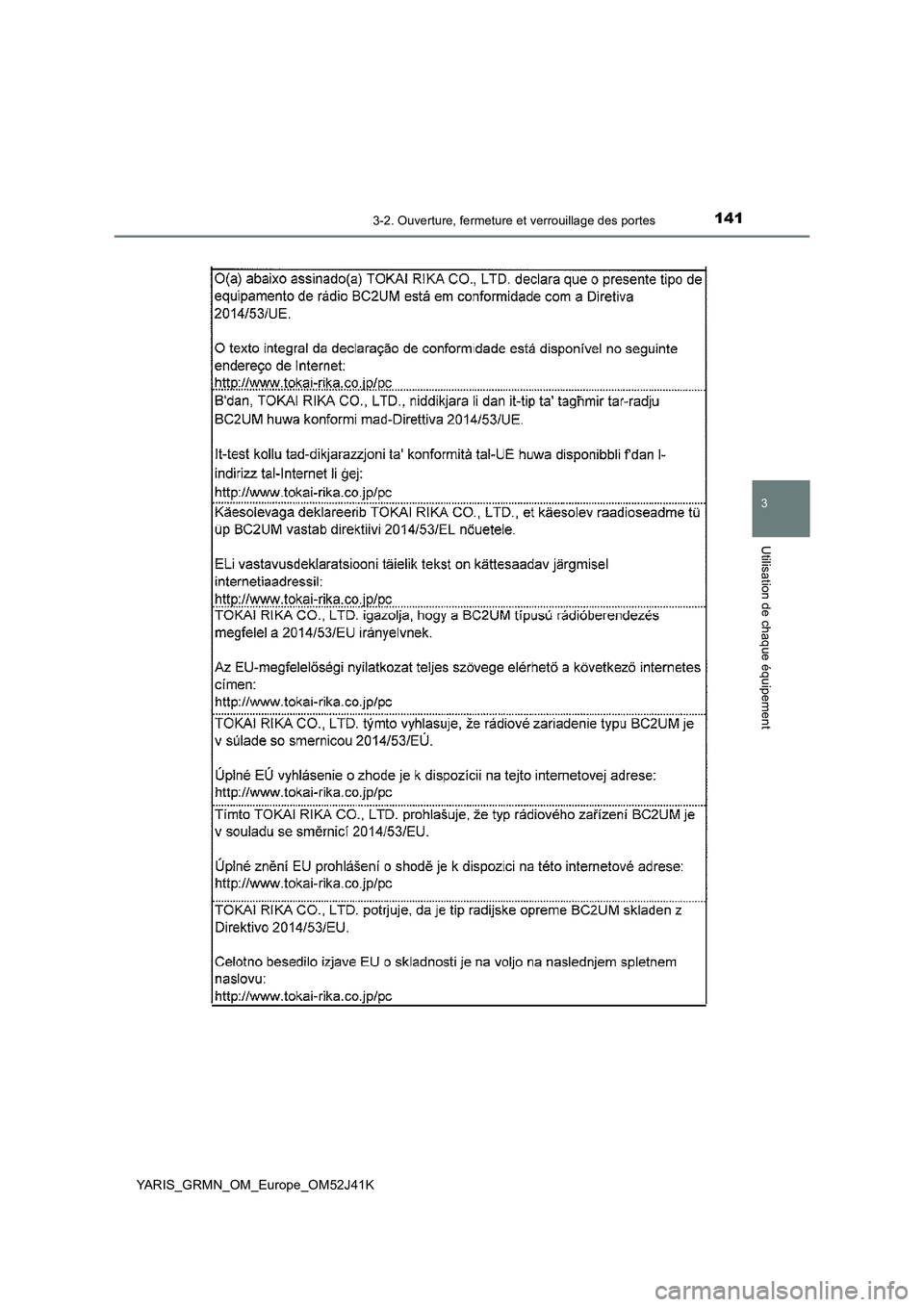 TOYOTA YARIS GRMN 2017  Notices Demploi (in French) 1413-2. Ouverture, fermeture et verrouillage des portes
3
Utilisation de chaque équipement
YARIS_GRMN_OM_Europe_OM52J41K 
