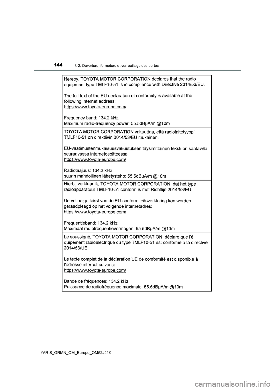 TOYOTA YARIS GRMN 2017  Notices Demploi (in French) 1443-2. Ouverture, fermeture et verrouillage des portes
YARIS_GRMN_OM_Europe_OM52J41K 