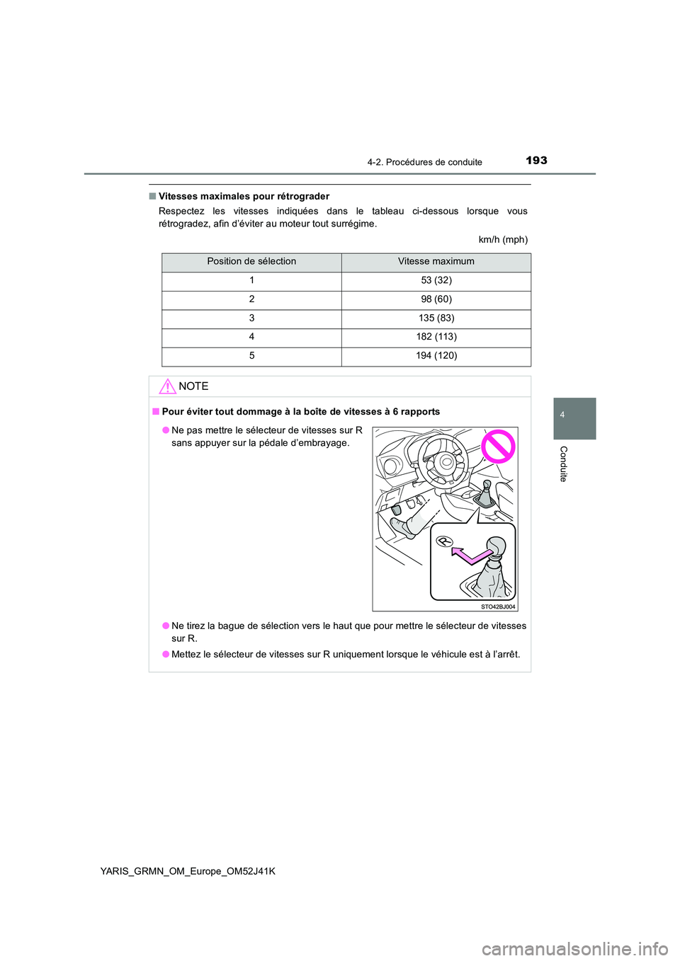 TOYOTA YARIS GRMN 2017 Notices Demploi (in French) 1934-2. Procédures de conduite
4
Conduite
YARIS_GRMN_OM_Europe_OM52J41K
■Vitesses maximales pour rétrograder
Respectez les vitesses indiquées dans le tableau ci-dessous lorsque vous
rétrograde TOYOTA YARIS GRMN 2017 Notices Demploi (in French) 1934-2. Procédures de conduite
4
Conduite
YARIS_GRMN_OM_Europe_OM52J41K
■Vitesses maximales pour rétrograder
Respectez les vitesses indiquées dans le tableau ci-dessous lorsque vous
rétrograde
