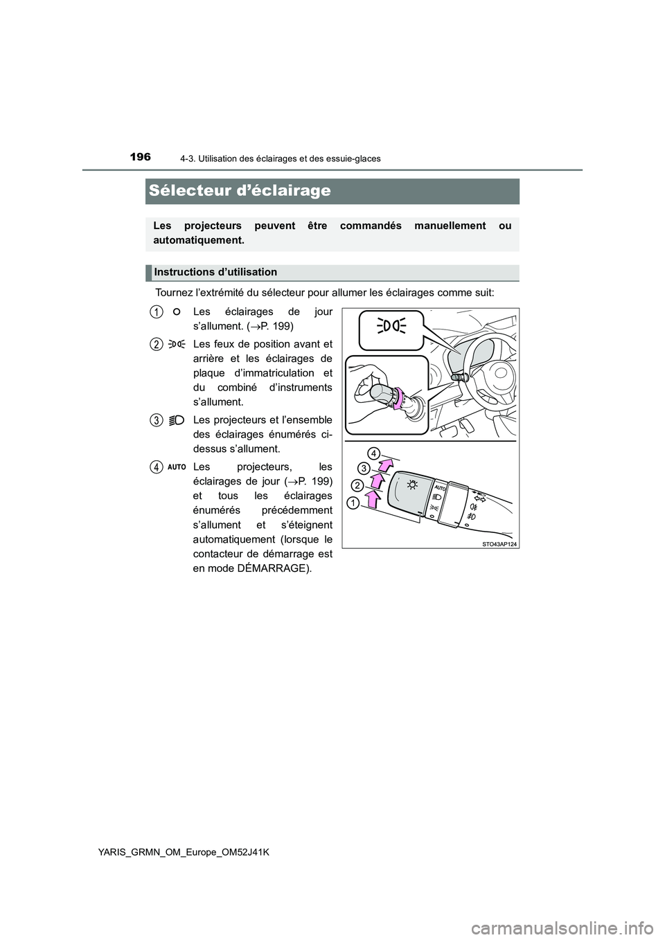 TOYOTA YARIS GRMN 2017 Notices Demploi (in French) 1964-3. Utilisation des éclairages et des essuie-glaces
YARIS_GRMN_OM_Europe_OM52J41K
Sélecteur d’éclairage
Tournez l’extrémité du sélecteur pour allumer les éclairages comme suit:
Les éc TOYOTA YARIS GRMN 2017 Notices Demploi (in French) 1964-3. Utilisation des éclairages et des essuie-glaces
YARIS_GRMN_OM_Europe_OM52J41K
Sélecteur d’éclairage
Tournez l’extrémité du sélecteur pour allumer les éclairages comme suit:
Les éc
