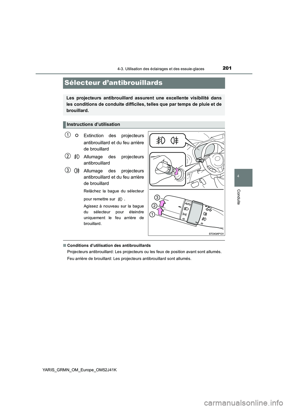 TOYOTA YARIS GRMN 2017 Notices Demploi (in French) 201
4
4-3. Utilisation des éclairages et des essuie-glaces
Conduite
YARIS_GRMN_OM_Europe_OM52J41K
Sélecteur d’antibrouillards
Extinction des projecteurs
antibrouillard et du feu arrière
de brou TOYOTA YARIS GRMN 2017 Notices Demploi (in French) 201
4
4-3. Utilisation des éclairages et des essuie-glaces
Conduite
YARIS_GRMN_OM_Europe_OM52J41K
Sélecteur d’antibrouillards
Extinction des projecteurs
antibrouillard et du feu arrière
de brou