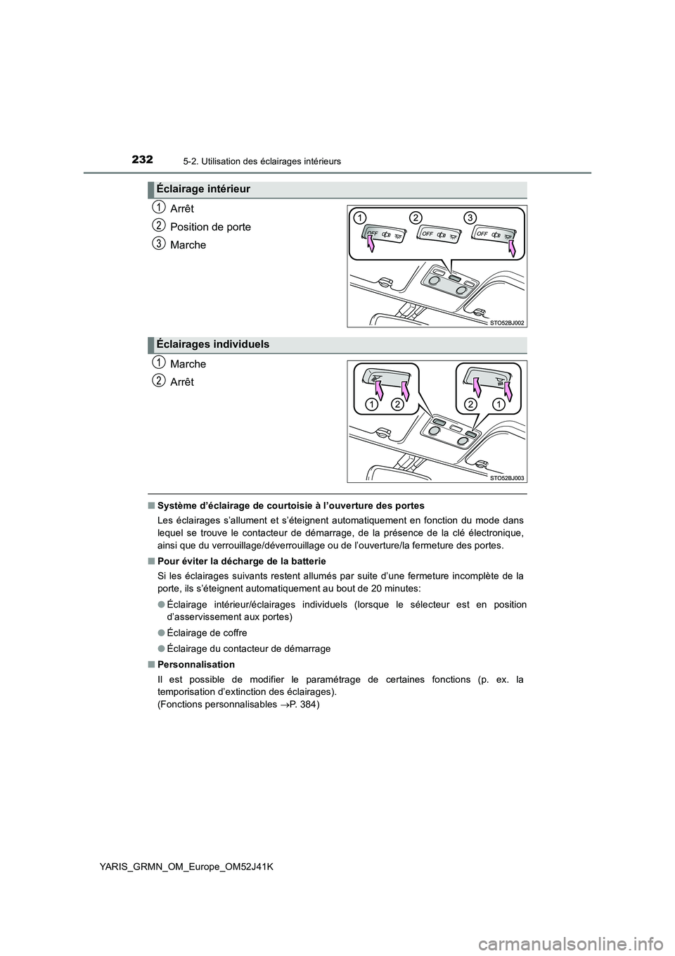 TOYOTA YARIS GRMN 2017 Notices Demploi (in French) 2325-2. Utilisation des éclairages intérieurs
YARIS_GRMN_OM_Europe_OM52J41K
Arrêt
Position de porte
Marche
Marche
Arrêt
■ Système d’éclairage de courtoisie à l’ouverture des portes
Le TOYOTA YARIS GRMN 2017 Notices Demploi (in French) 2325-2. Utilisation des éclairages intérieurs
YARIS_GRMN_OM_Europe_OM52J41K
Arrêt
Position de porte
Marche
Marche
Arrêt
■ Système d’éclairage de courtoisie à l’ouverture des portes
Le