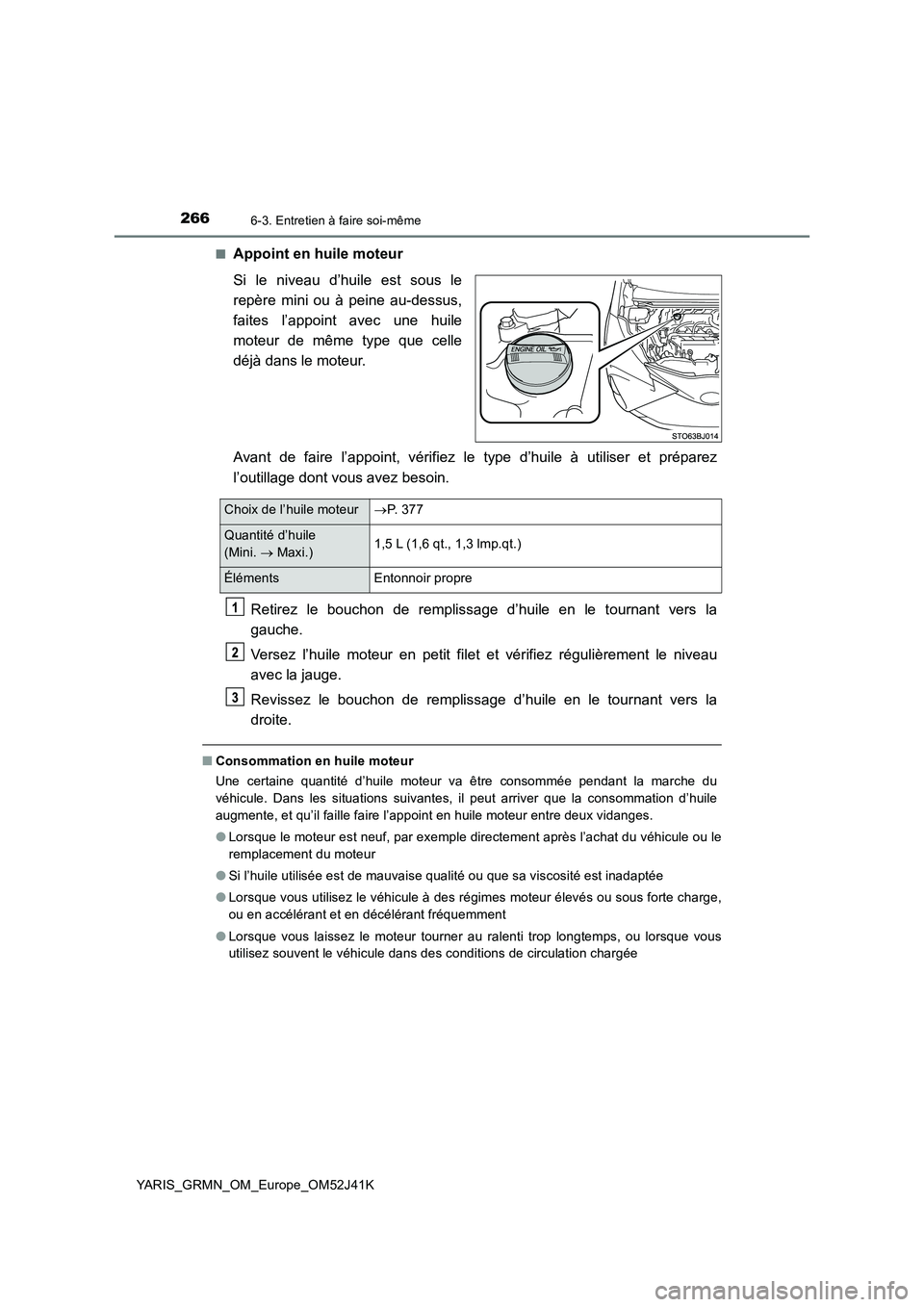 TOYOTA YARIS GRMN 2017 Notices Demploi (in French) 2666-3. Entretien à faire soi-même
YARIS_GRMN_OM_Europe_OM52J41K
■Appoint en huile moteur
Si le niveau d’huile est sous le
repère mini ou à peine au-dessus,
faites l’appoint avec une huil TOYOTA YARIS GRMN 2017 Notices Demploi (in French) 2666-3. Entretien à faire soi-même
YARIS_GRMN_OM_Europe_OM52J41K
■Appoint en huile moteur
Si le niveau d’huile est sous le
repère mini ou à peine au-dessus,
faites l’appoint avec une huil