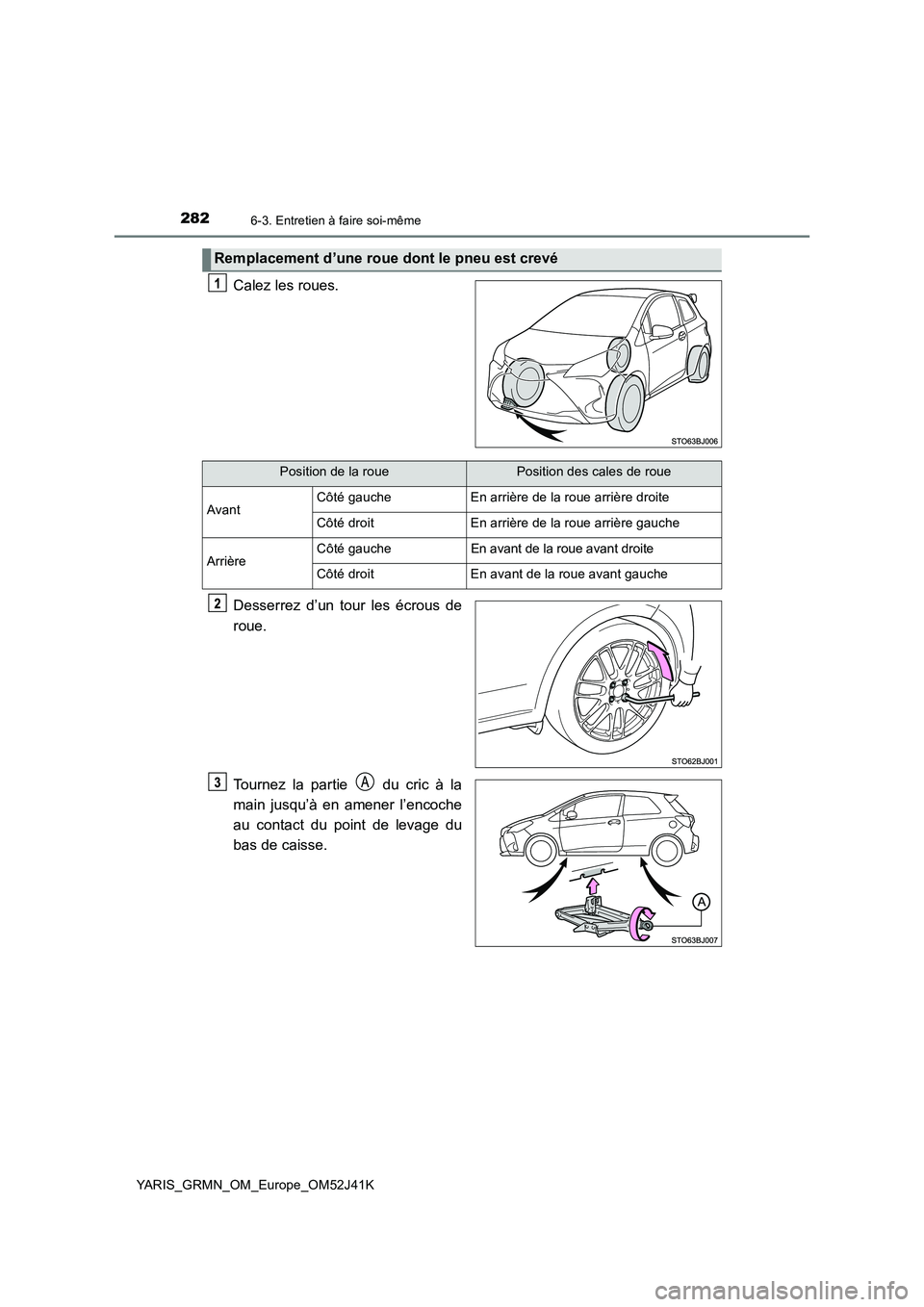 TOYOTA YARIS GRMN 2017 Notices Demploi (in French) 2826-3. Entretien à faire soi-même
YARIS_GRMN_OM_Europe_OM52J41K
Calez les roues.
Desserrez d’un tour les écrous de
roue.
Tournez la partie du cric à la
main jusqu’à en amener l’encoc TOYOTA YARIS GRMN 2017 Notices Demploi (in French) 2826-3. Entretien à faire soi-même
YARIS_GRMN_OM_Europe_OM52J41K
Calez les roues.
Desserrez d’un tour les écrous de
roue.
Tournez la partie du cric à la
main jusqu’à en amener l’encoc