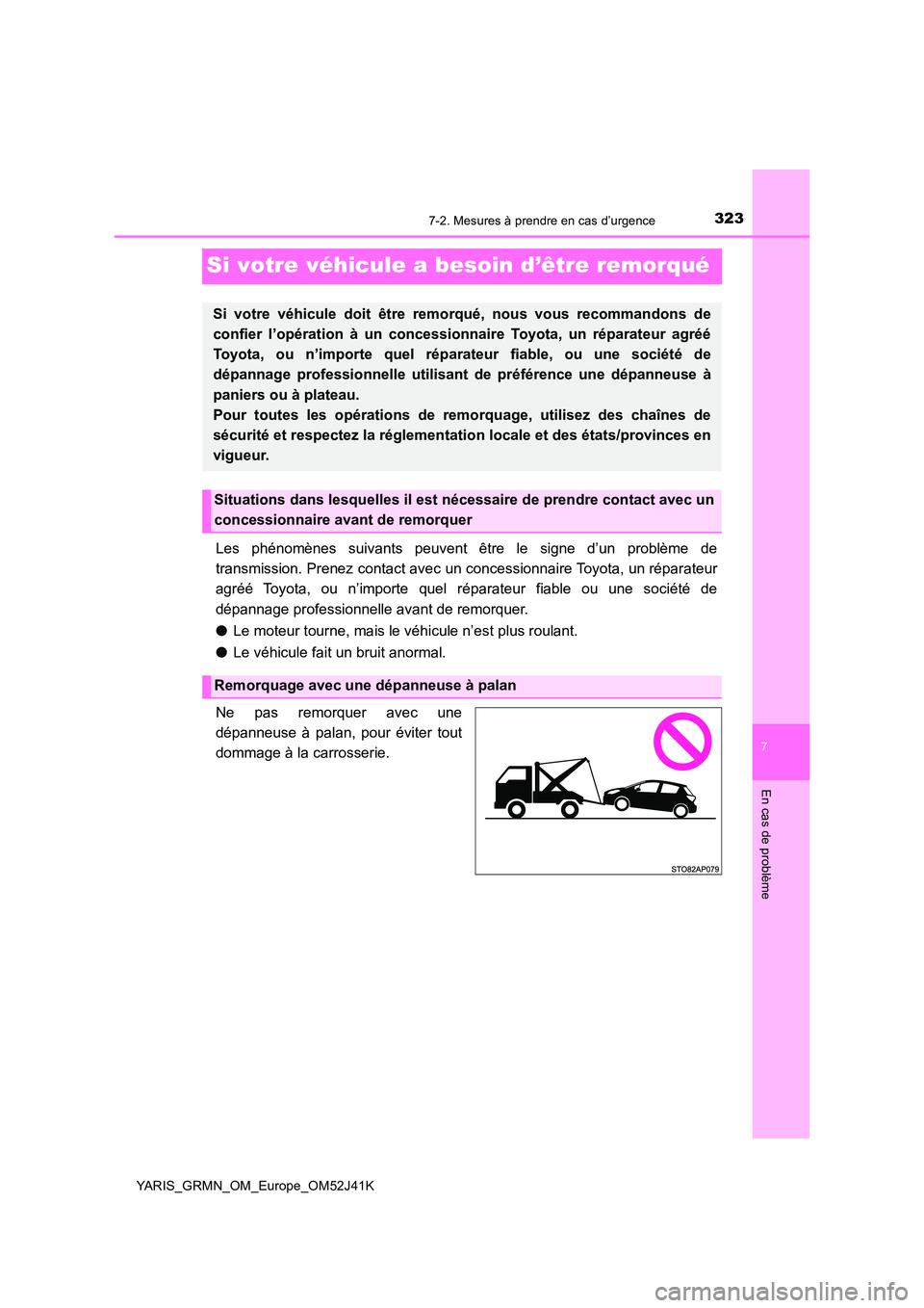 TOYOTA YARIS GRMN 2017  Notices Demploi (in French) 3237-2. Mesures à prendre en cas d’urgence
YARIS_GRMN_OM_Europe_OM52J41K
7
En cas de problème
Si votre véhicule a besoin d’être remorqué
Les phénomènes suivants peuvent être le signe d’u