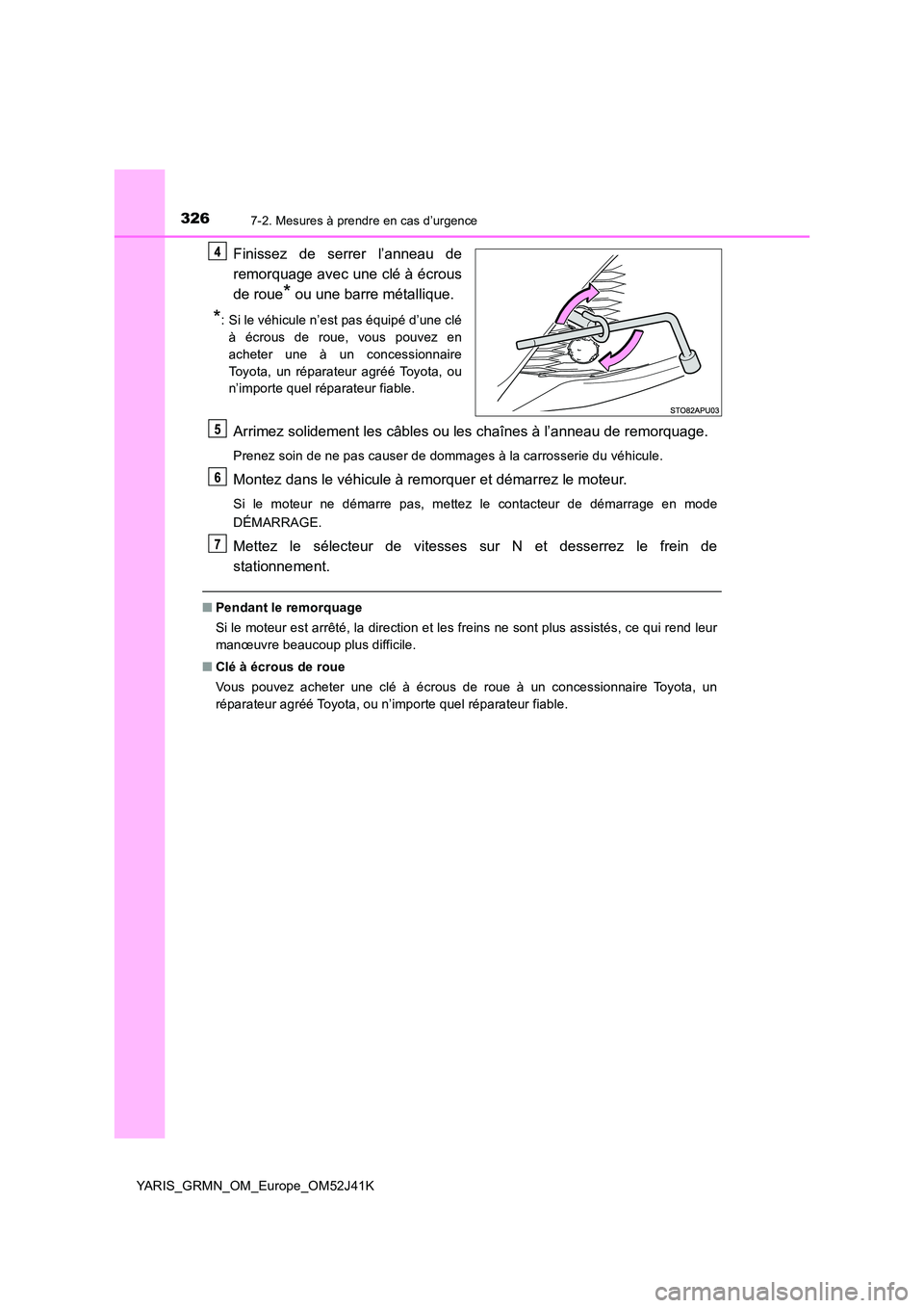 TOYOTA YARIS GRMN 2017 Notices Demploi (in French) 3267-2. Mesures à prendre en cas d’urgence
YARIS_GRMN_OM_Europe_OM52J41K
Finissez de serrer l’anneau de
remorquage avec une clé à écrous
de roue* ou une barre métallique.
*: Si le véhicule TOYOTA YARIS GRMN 2017 Notices Demploi (in French) 3267-2. Mesures à prendre en cas d’urgence
YARIS_GRMN_OM_Europe_OM52J41K
Finissez de serrer l’anneau de
remorquage avec une clé à écrous
de roue* ou une barre métallique.
*: Si le véhicule