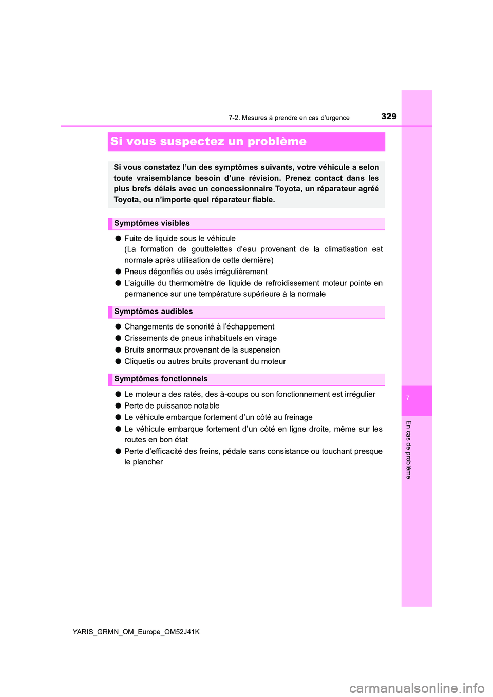 TOYOTA YARIS GRMN 2017 Notices Demploi (in French) 3297-2. Mesures à prendre en cas d’urgence
YARIS_GRMN_OM_Europe_OM52J41K
7
En cas de problème
Si vous suspectez un problème
●Fuite de liquide sous le véhicule
(La formation de gouttelettes d TOYOTA YARIS GRMN 2017 Notices Demploi (in French) 3297-2. Mesures à prendre en cas d’urgence
YARIS_GRMN_OM_Europe_OM52J41K
7
En cas de problème
Si vous suspectez un problème
●Fuite de liquide sous le véhicule
(La formation de gouttelettes d