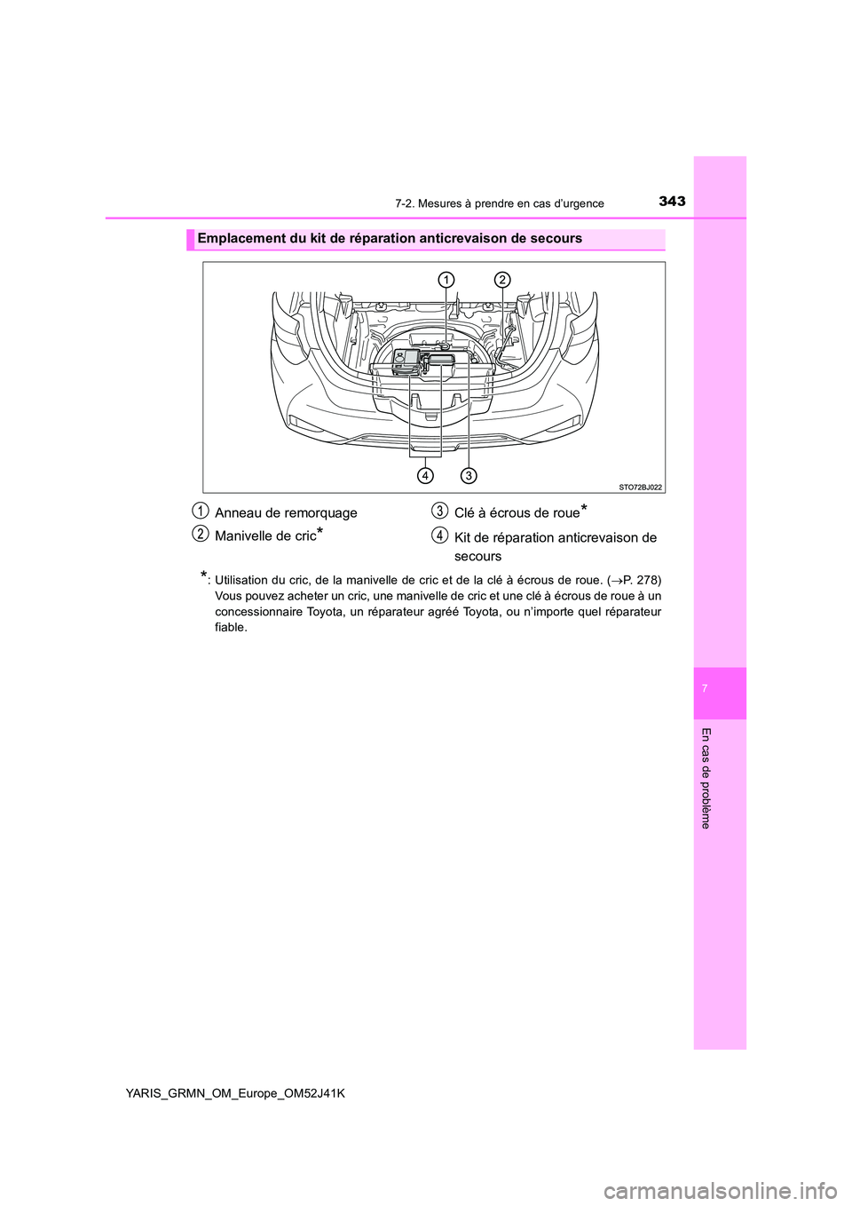 TOYOTA YARIS GRMN 2017  Notices Demploi (in French) 3437-2. Mesures à prendre en cas d’urgence
YARIS_GRMN_OM_Europe_OM52J41K
7
En cas de problème
*: Utilisation du cric, de la manivelle de cric et de la clé à écrous de roue. (P. 278) 
Vous po