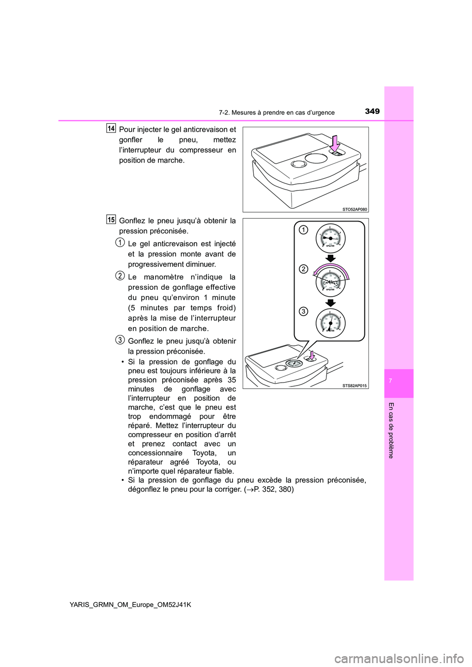 TOYOTA YARIS GRMN 2017  Notices Demploi (in French) 3497-2. Mesures à prendre en cas d’urgence
YARIS_GRMN_OM_Europe_OM52J41K
7
En cas de problème
Pour injecter le gel anticrevaison et 
gonfler le pneu, mettez 
l’interrupteur du compresseur en 
po