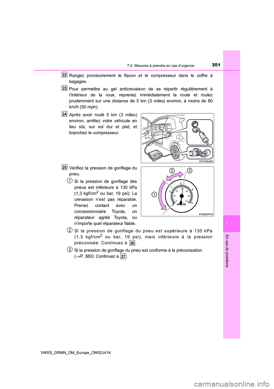 TOYOTA YARIS GRMN 2017  Notices Demploi (in French) 3517-2. Mesures à prendre en cas d’urgence
YARIS_GRMN_OM_Europe_OM52J41K
7
En cas de problème
Rangez provisoirement le flacon et le compresseur dans le coffre à 
bagages. 
Pour permettre au gel a