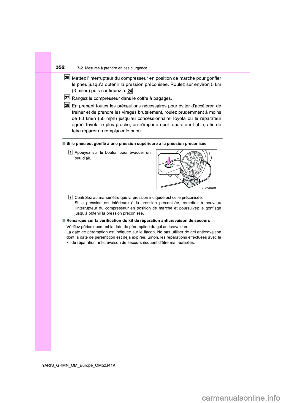 TOYOTA YARIS GRMN 2017  Notices Demploi (in French) 3527-2. Mesures à prendre en cas d’urgence
YARIS_GRMN_OM_Europe_OM52J41K
Mettez l’interrupteur du compresseur en position de marche pour gonfler 
le pneu jusqu’à obtenir la pression préconis