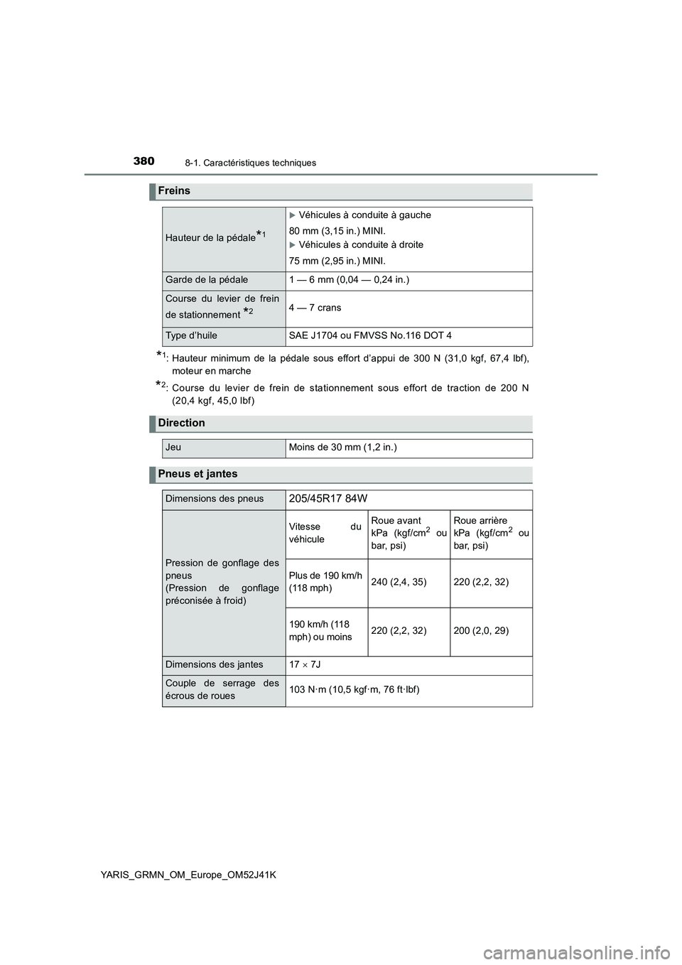 TOYOTA YARIS GRMN 2017  Notices Demploi (in French) 3808-1. Caractéristiques techniques
YARIS_GRMN_OM_Europe_OM52J41K
*1: Hauteur minimum de la pédale sous effort d’appui de 300 N (31,0 kgf, 67,4 lbf), 
moteur en marche
*2: Course du levier de frei