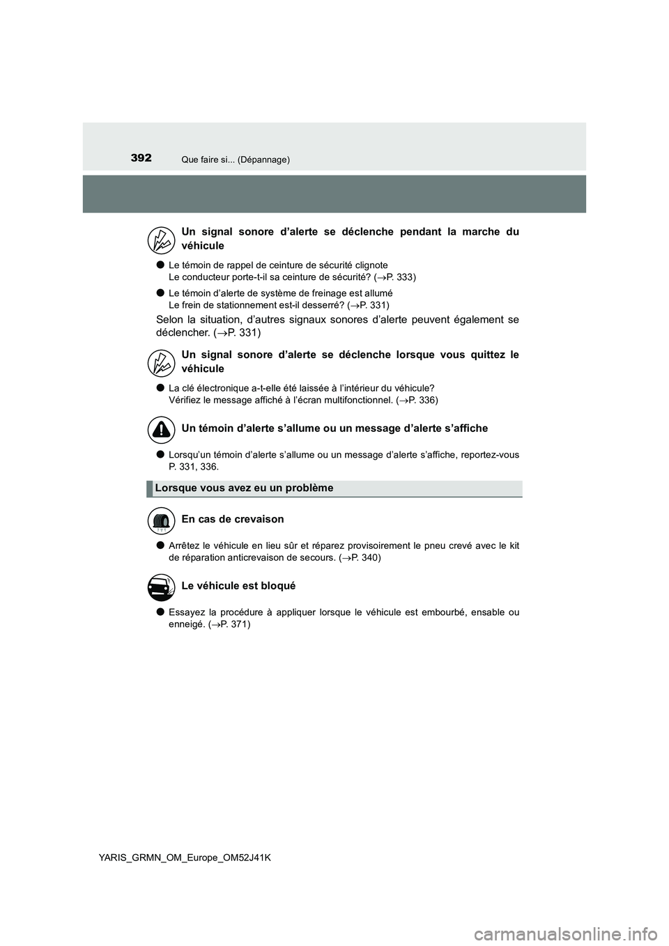 TOYOTA YARIS GRMN 2017  Notices Demploi (in French) 392Que faire si... (Dépannage)
YARIS_GRMN_OM_Europe_OM52J41K
●Le témoin de rappel de ceinture de sécurité clignote  
Le conducteur porte-t-il sa ceinture de sécurité? ( P. 333)
●Le témoi