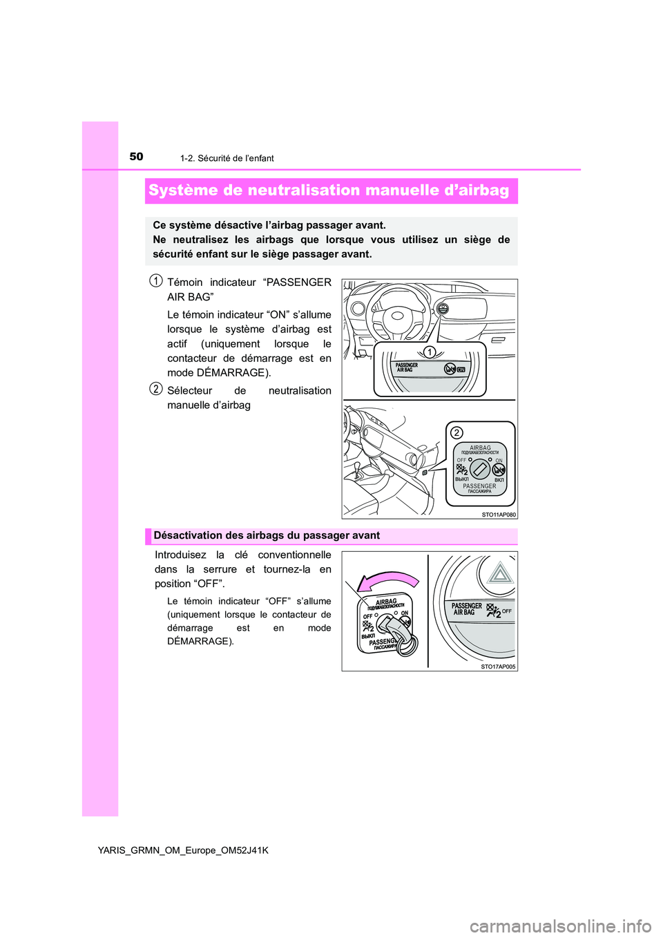 TOYOTA YARIS GRMN 2017  Notices Demploi (in French) 501-2. Sécurité de l’enfant
YARIS_GRMN_OM_Europe_OM52J41K
Système de neutralisation manuelle d’airbag
Témoin indicateur “PASSENGER 
AIR BAG” 
Le témoin indicateur “ON” s’allume 
lor