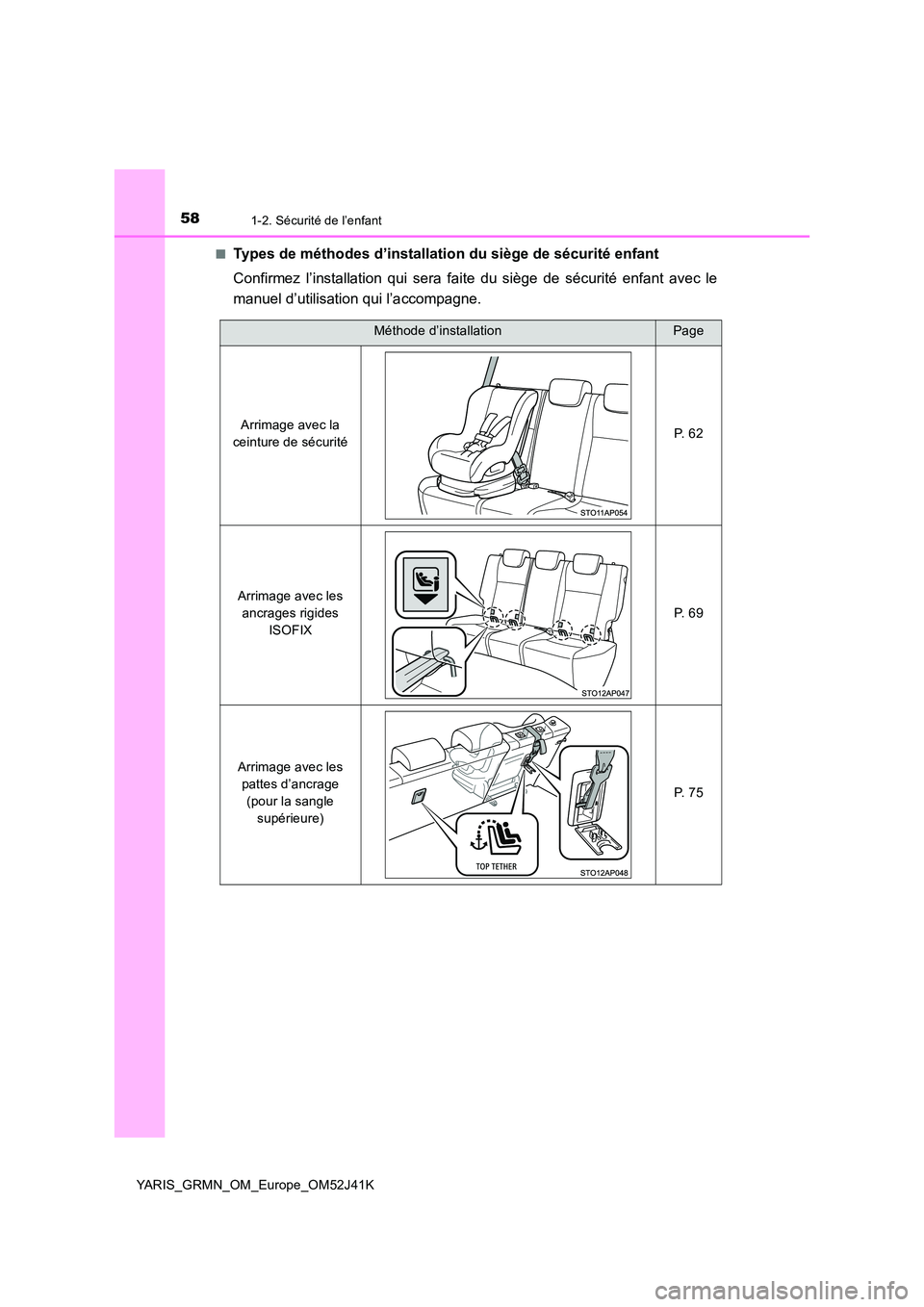 TOYOTA YARIS GRMN 2017  Notices Demploi (in French) 581-2. Sécurité de l’enfant
YARIS_GRMN_OM_Europe_OM52J41K 
■Types de méthodes d’installation du siège de sécurité enfant 
Confirmez l’installation qui sera faite du siège de sécurité 