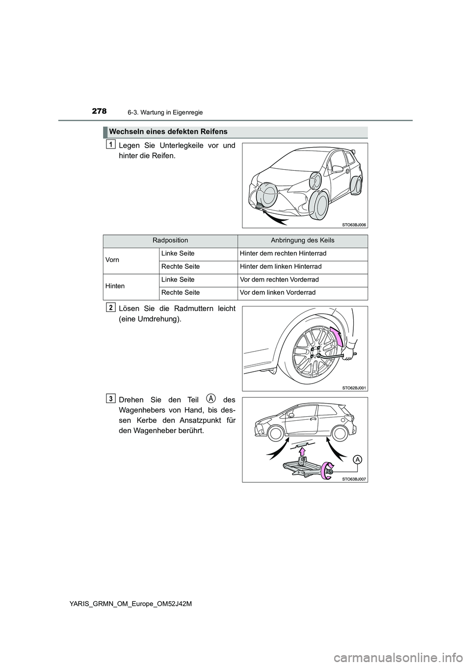 TOYOTA YARIS GRMN 2017 Betriebsanleitungen (in German) 2786-3. Wartung in Eigenregie
YARIS_GRMN_OM_Europe_OM52J42M
Legen Sie Unterlegkeile vor und
hinter die Reifen.
Lösen Sie die Radmuttern leicht
(eine Umdrehung).
Drehen Sie den Teil des
Wagenhe TOYOTA YARIS GRMN 2017 Betriebsanleitungen (in German) 2786-3. Wartung in Eigenregie
YARIS_GRMN_OM_Europe_OM52J42M
Legen Sie Unterlegkeile vor und
hinter die Reifen.
Lösen Sie die Radmuttern leicht
(eine Umdrehung).
Drehen Sie den Teil des
Wagenhe