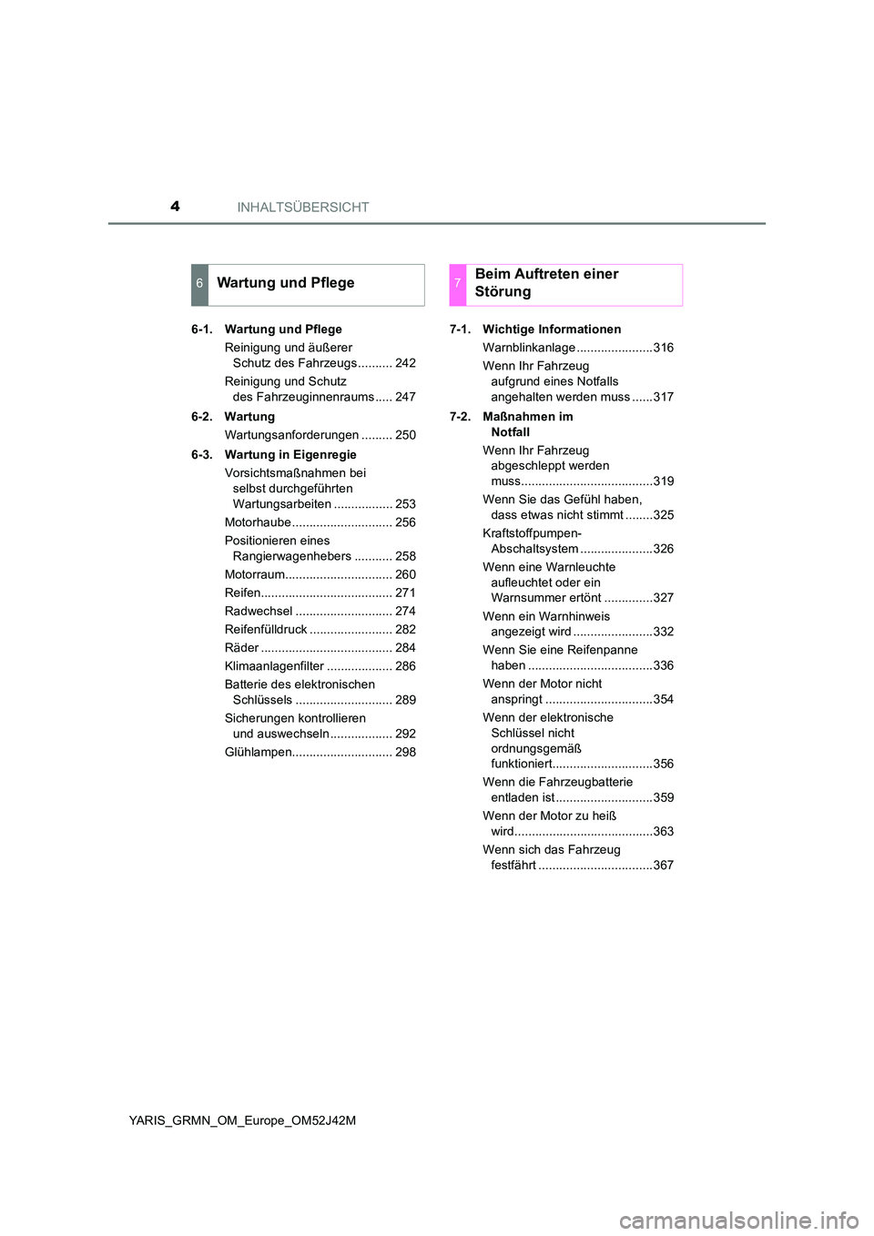 TOYOTA YARIS GRMN 2017  Betriebsanleitungen (in German) INHALTSÜBERSICHT4
YARIS_GRMN_OM_Europe_OM52J42M 
6-1. Wartung und Pflege 
Reinigung und äußerer  
Schutz des Fahrzeugs.......... 242 
Reinigung und Schutz  
des Fahrzeuginnenraums ..... 247 
6-2. W