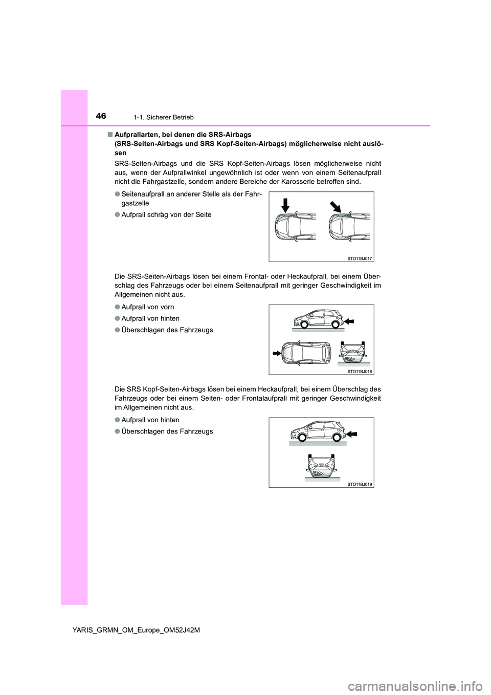 TOYOTA YARIS GRMN 2017 Betriebsanleitungen (in German) 461-1. Sicherer Betrieb
YARIS_GRMN_OM_Europe_OM52J42M
■ Aufprallarten, bei denen die SRS-Airbags
(SRS-Seiten-Airbags und SRS Kopf-Seiten- Airbags) möglicherweise nicht auslö-
sen
SRS-Seiten-A TOYOTA YARIS GRMN 2017 Betriebsanleitungen (in German) 461-1. Sicherer Betrieb
YARIS_GRMN_OM_Europe_OM52J42M
■ Aufprallarten, bei denen die SRS-Airbags
(SRS-Seiten-Airbags und SRS Kopf-Seiten- Airbags) möglicherweise nicht auslö-
sen
SRS-Seiten-A