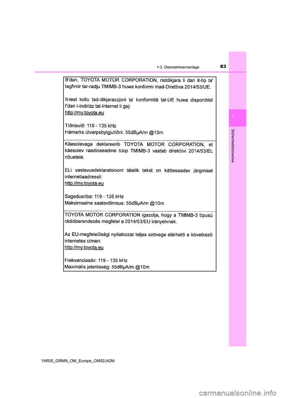 TOYOTA YARIS GRMN 2017 Betriebsanleitungen (in German) 831-3. Diebstahlwarnanlage
1
Sicherheitshinweise
YARIS_GRMN_OM_Europe_OM52J42M TOYOTA YARIS GRMN 2017 Betriebsanleitungen (in German) 831-3. Diebstahlwarnanlage
1
Sicherheitshinweise
YARIS_GRMN_OM_Europe_OM52J42M