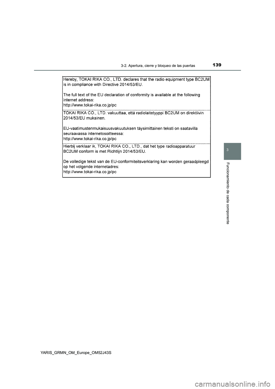 TOYOTA YARIS GRMN 2017  Manuale de Empleo (in Spanish) 1393-2. Apertura, cierre y bloqueo de las puertas
3
Funcionamiento de cada componente
YARIS_GRMN_OM_Europe_OM52J43S 