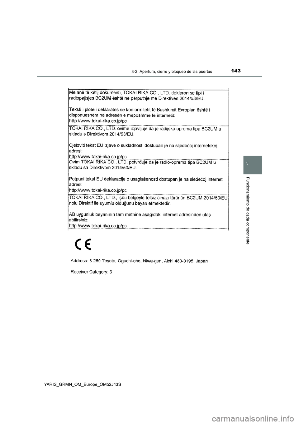 TOYOTA YARIS GRMN 2017  Manuale de Empleo (in Spanish) 1433-2. Apertura, cierre y bloqueo de las puertas
3
Funcionamiento de cada componente
YARIS_GRMN_OM_Europe_OM52J43S 