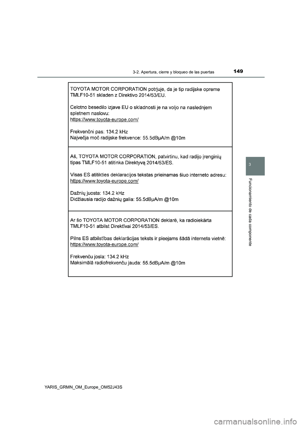 TOYOTA YARIS GRMN 2017  Manuale de Empleo (in Spanish) 1493-2. Apertura, cierre y bloqueo de las puertas
3
Funcionamiento de cada componente
YARIS_GRMN_OM_Europe_OM52J43S 